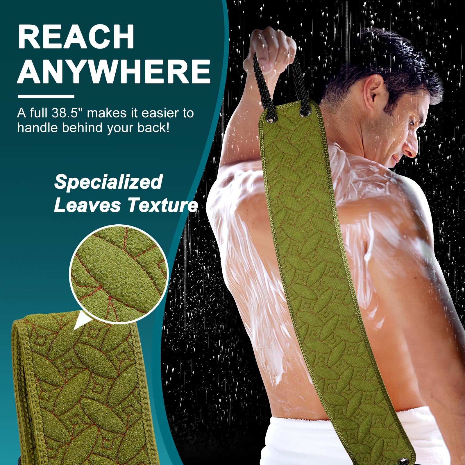 38.5 Inch Exfoliating Back Scrubber with Handles - Dual-Sided Body Scrubber for Deep Cleansing & Dead Skin Removal - Shower Back Washer for Men & Women - Perfect for Daily Use in Bath or Shower (Green)