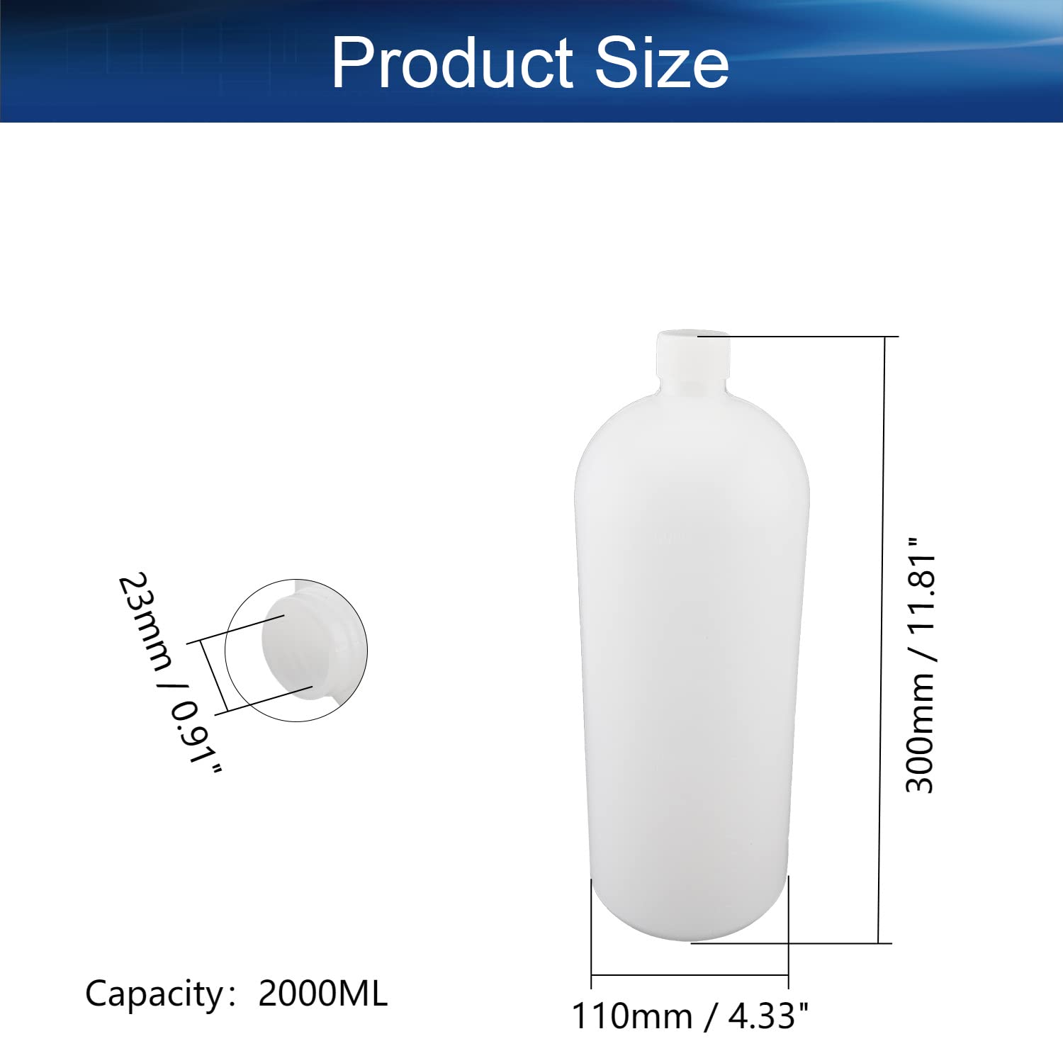 Bettomshin 2000ml Food Grade PE Plastic Bottles with Caps - Thin Mouth Lab Reagent Bottles, Graduated Water Bottles for Liquid/Solid Sample Storage (2Pcs, White Translucent) - Ideal for Laboratory, Chemical Storage & Home DIY Projects