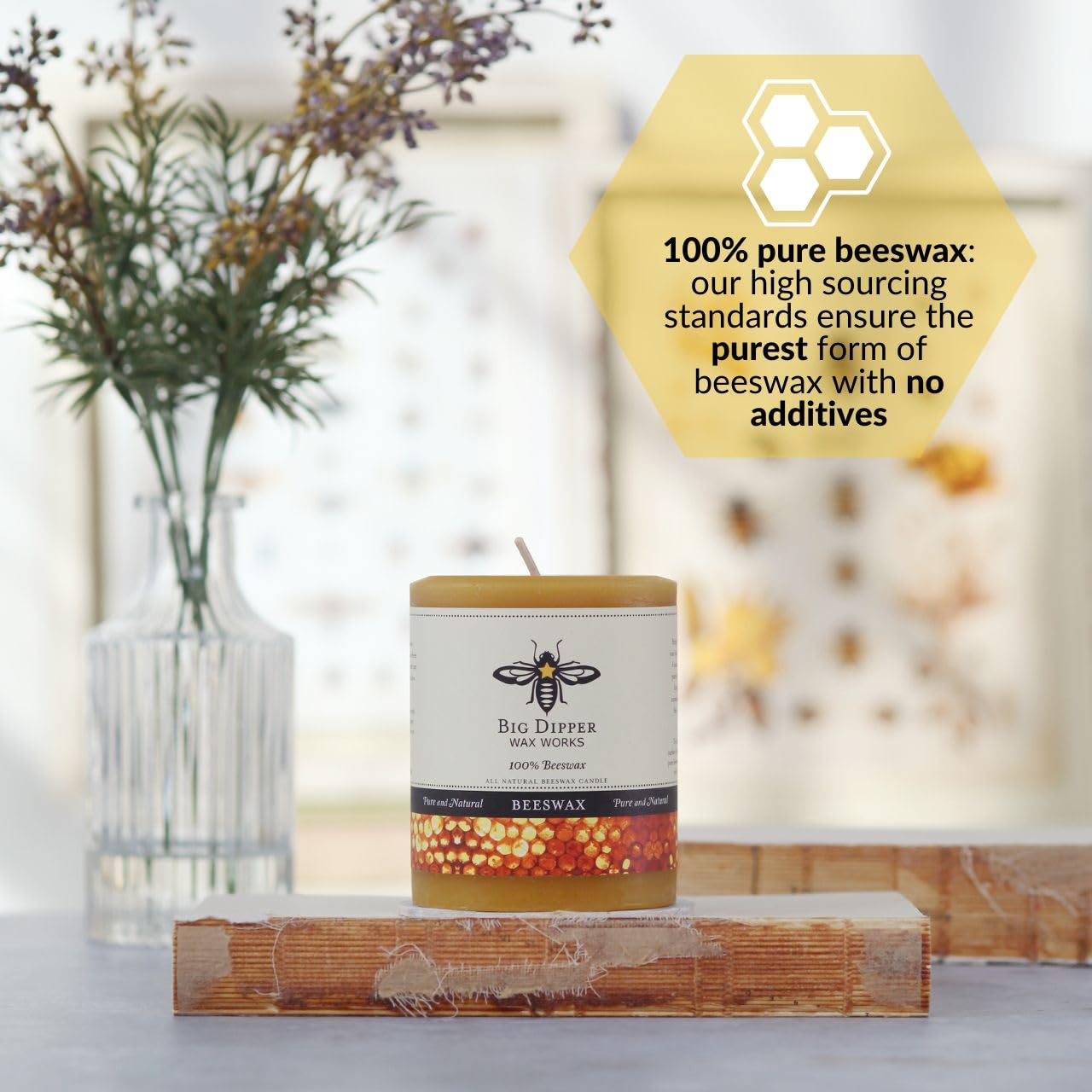 Big Dipper Wax Works Pure Beeswax Pillar Candle - 60-Hour Long Burn, 3