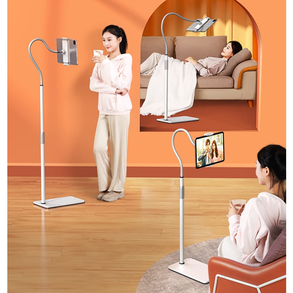 Universal Tablet Gooseneck Floor Stand - Adjustable Height 109-151cm, Stable Base for 4-12.8