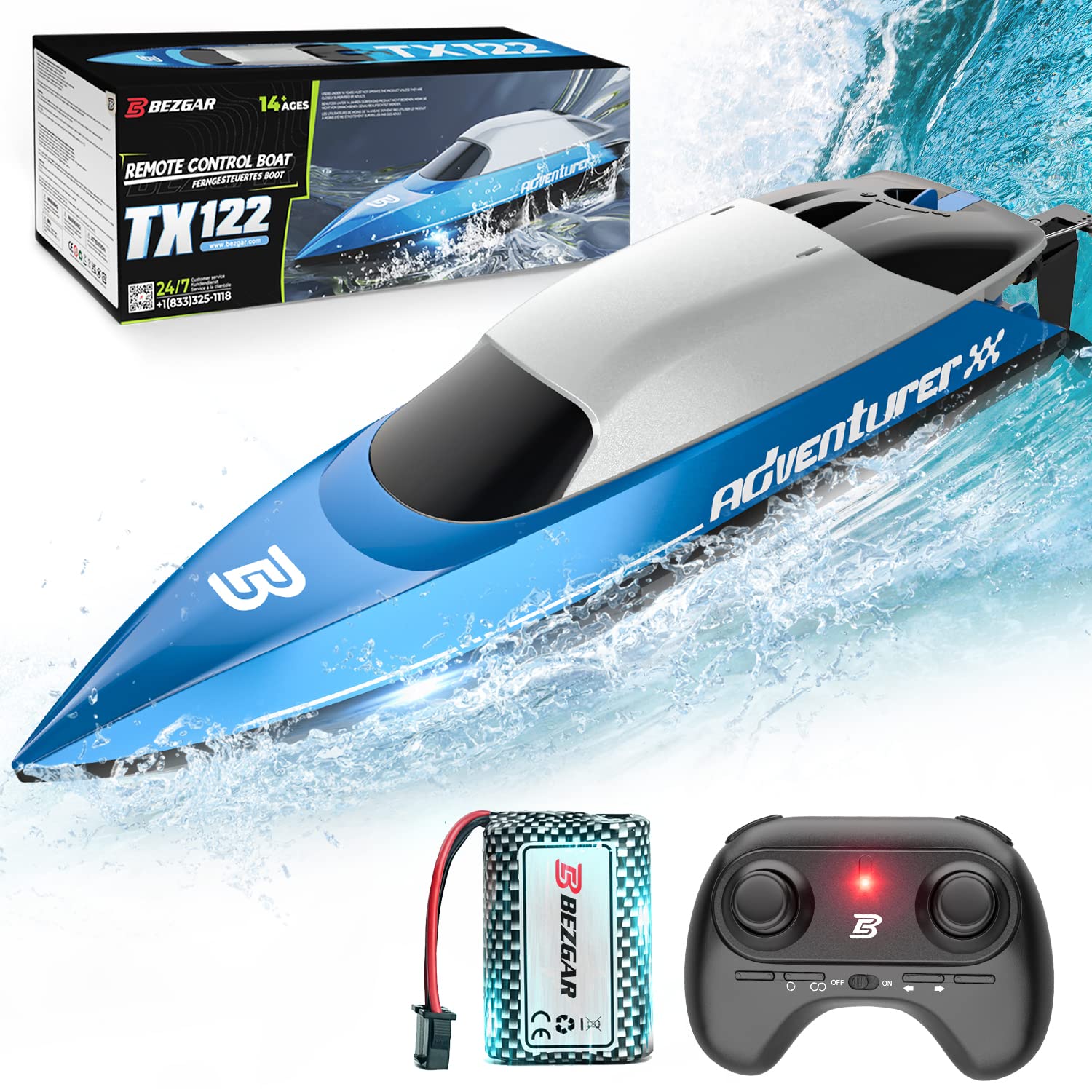 BEZGAR TX122 High Speed RC Boat 20+MPH - 2.4GHz Remote Control Boat for Adults & Kids with Rechargeable Battery, Double-Hatch Design - Perfect for Pool, Lake, and Outdoor Water Play | Durable Radio Controlled Boats for Racing and Family Fun