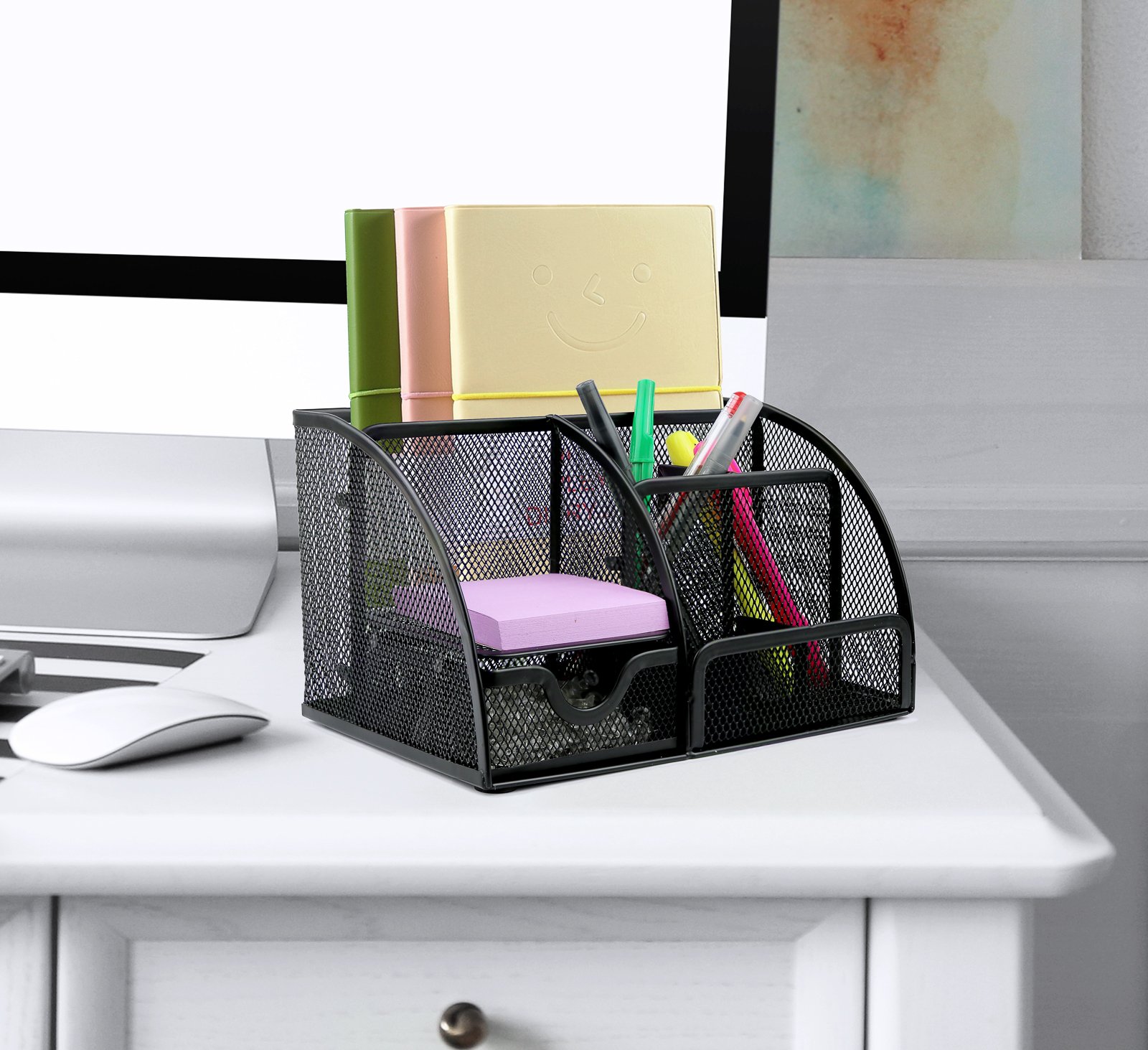 Greenco Mesh Desk Organizer Caddy - 6 Compartment Office Supplies Storage for Pens, Pencils & Stationery | Perfect for Home Office, School or Workspace Organization (Black)