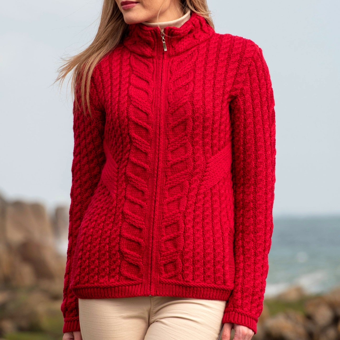 Aran Zip Cardigan for Women - Cozy Knit Sweater with Side Detail [3 Colors] | Perfect for Fall & Winter Outfits, Casual Wear & Layering
