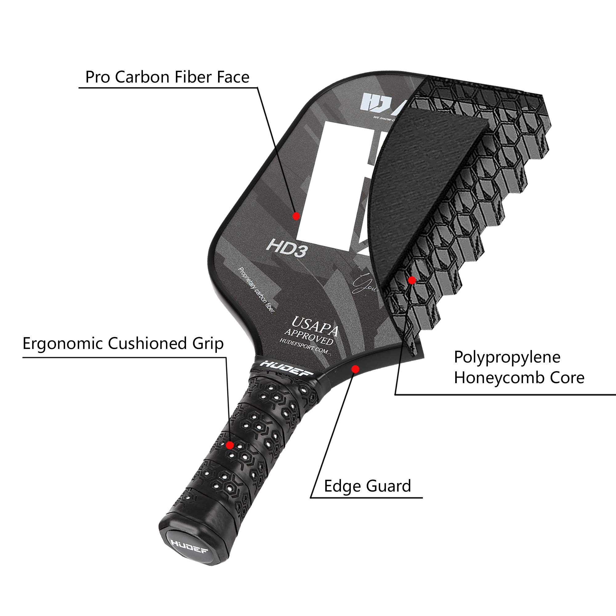 Premium USAPA Approved Pickleball Paddles - Graphite Carbon Fiber Surface with Polypropylene Core - Lightweight Long Handle for Beginners & Pros - Perfect for Indoor & Outdoor Court Play, Training & Competitive Matches