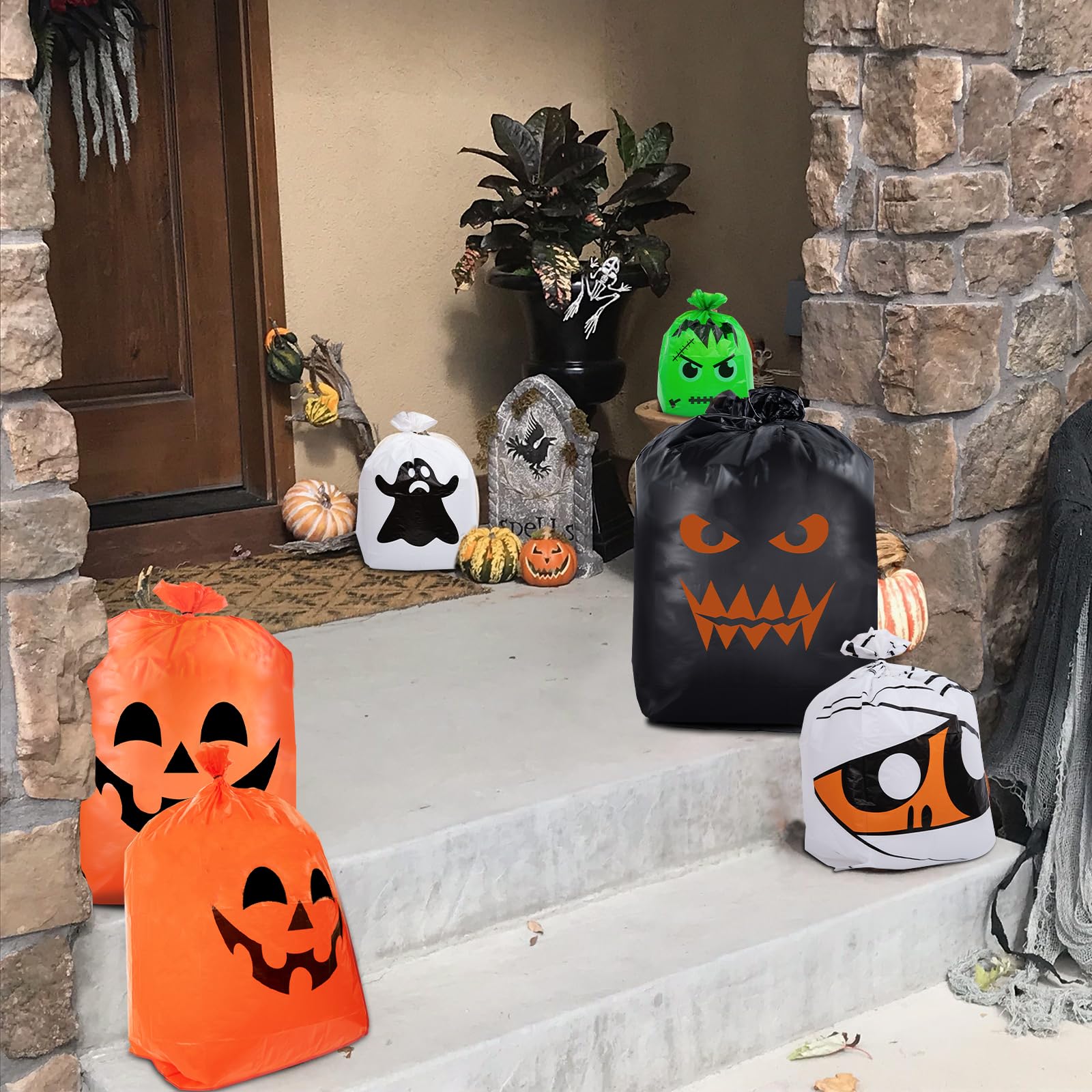 CHANGE MOORE 36-Pack Halloween Leaf Lawn Bags - 5 Spooky Designs with Twist Ties | Pumpkin Decorations & Outdoor Fall Yard Trash Bags for Garden, Lawn, and Halloween Party Decorations