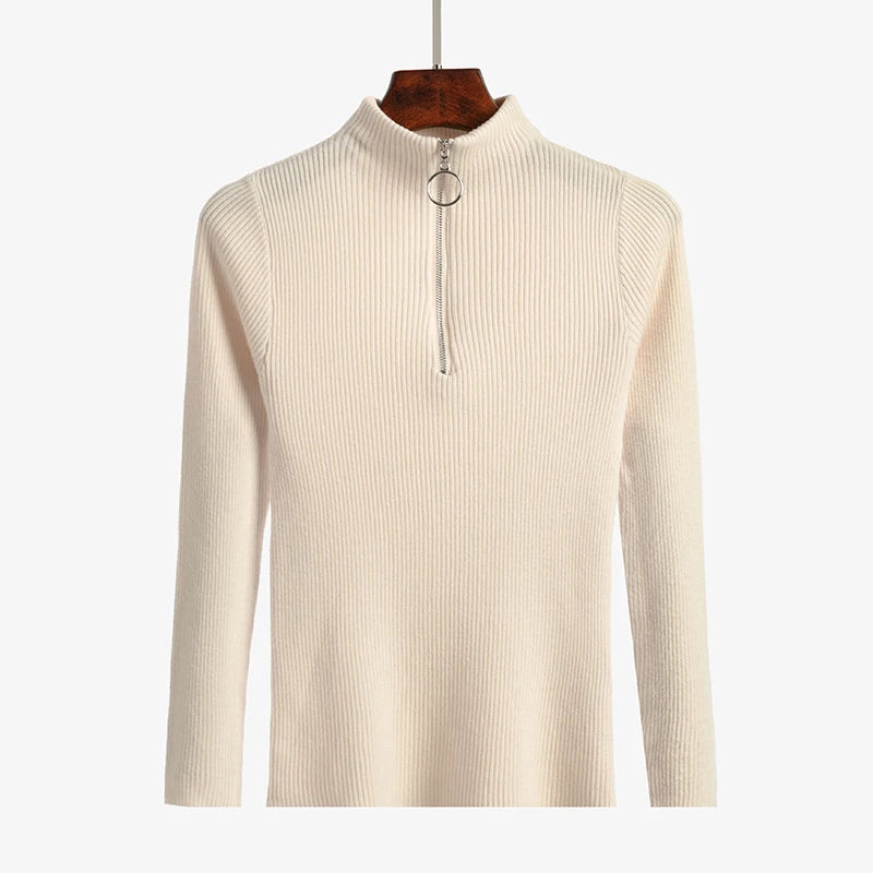 Vintage Solid Knitted Long Sleeve Zip-Up Half Turtleneck Sweater for Women - Cozy Winter Pullover for Casual Outfits & Office Wear