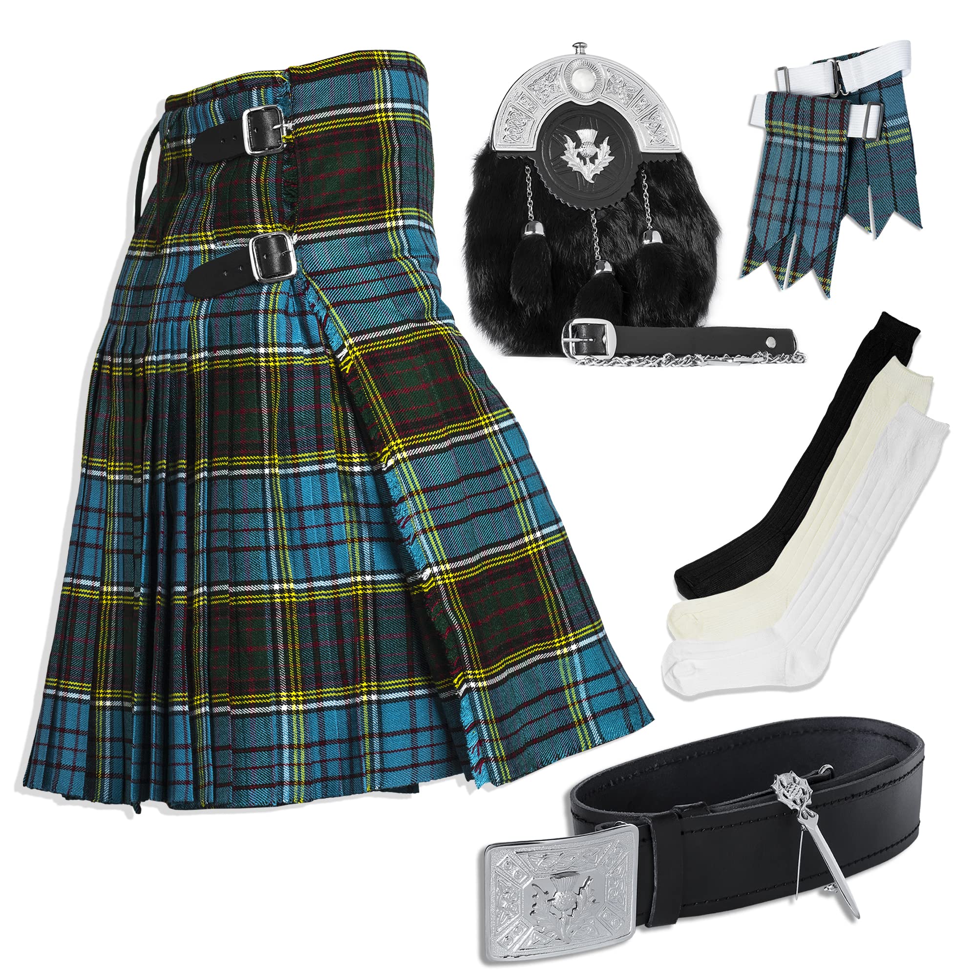 UMAM Tartan Kilt Set - 7-Piece Scottish Kilt Accessories for Men | Traditional Highland Dress Outfit | Perfect for Weddings, Renaissance Fairs & Celtic Events
