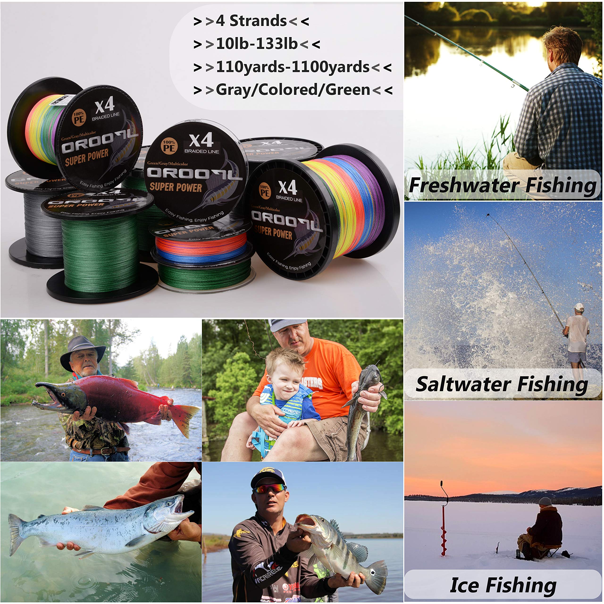 High Strength Braided Fishing Line 12-133 LB, 4 Strands Zero Stretch Braid, 110-1100 Yards for Saltwater & Freshwater (Moss Green, Gray, Multicolor) – Perfect for Bass, Trout, and Deep Sea Fishing