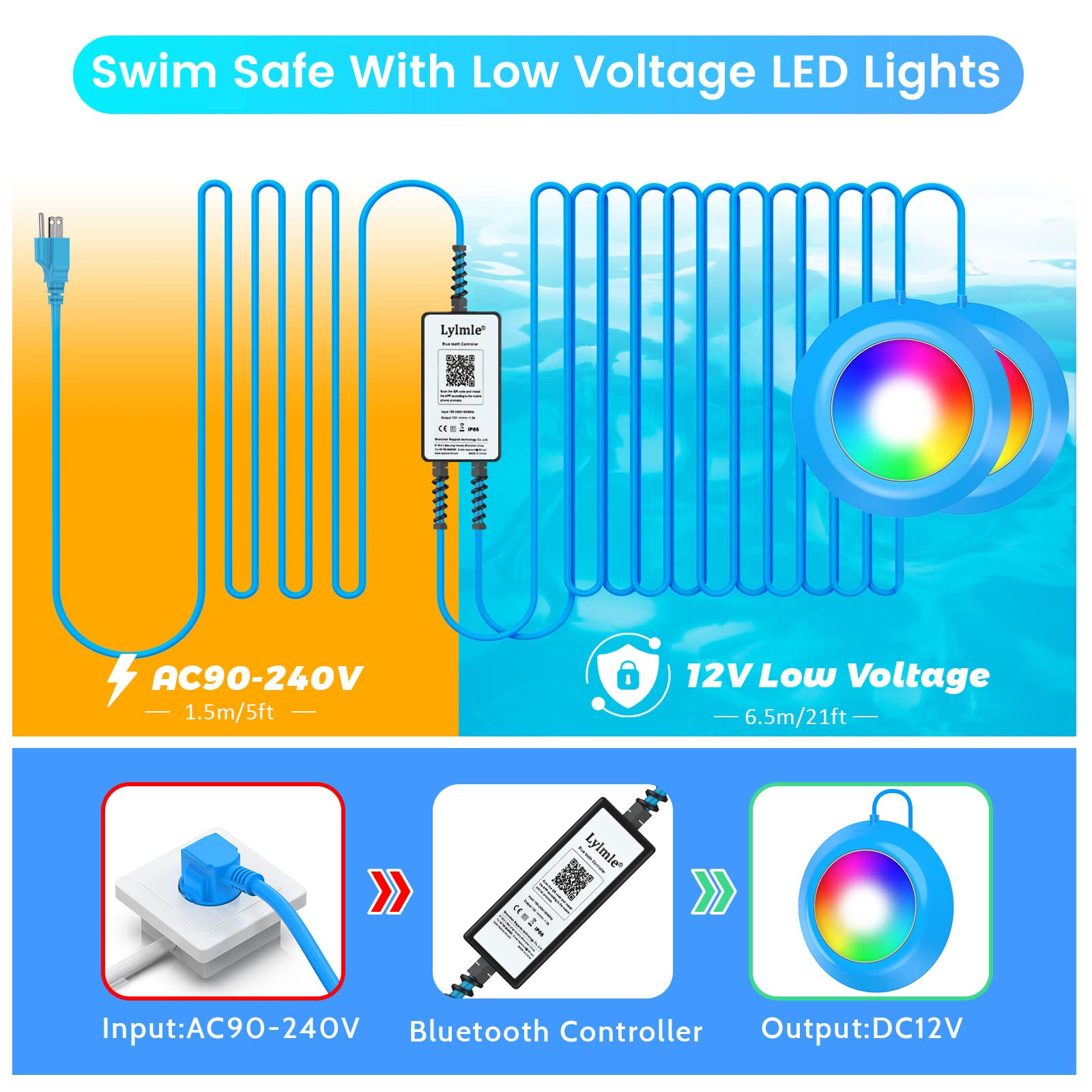 LyLmLe 50W LED Pool Lights - 12V APP Controlled Underwater Lights with Timer, 2000lm Brightness, IP68 Waterproof for Aboveground & Inground Pools (Blue) - Perfect for Night Swimming, Pool Parties, and Backyard Decor