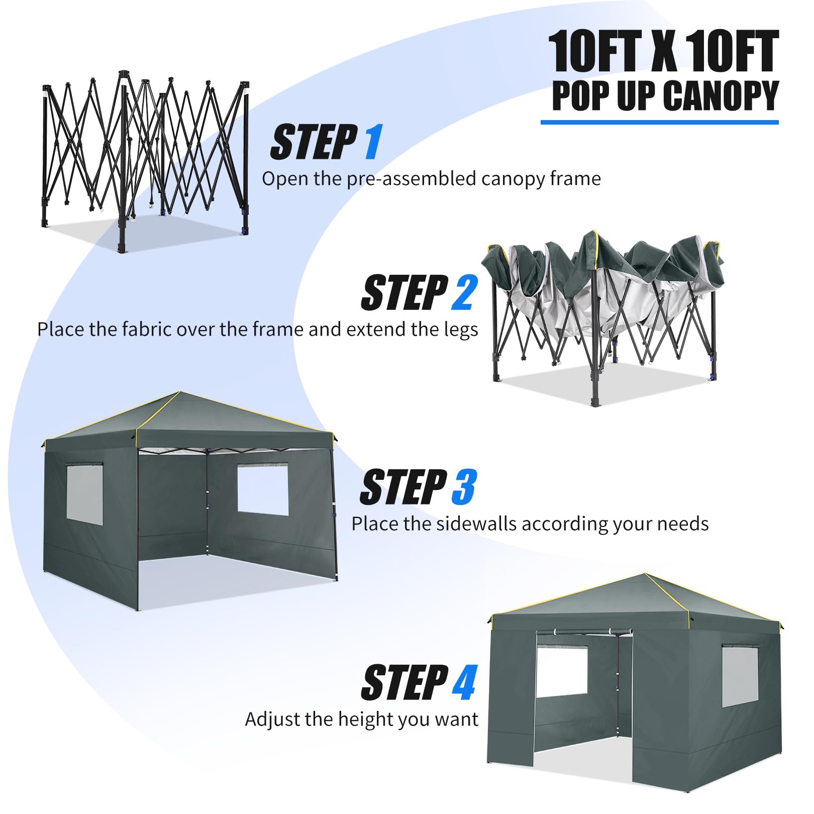 COBIZI 10x10 Pop Up Canopy Tent with 4 Sidewalls & Mesh Windows 2.0 - Waterproof Instant Gazebo for Outdoor Events, Parties, Exhibitions, Picnics - Includes Carry Bag, 4 Stakes & Ropes (Gray) - Perfect for Backyard BBQs, Farmers Markets, Beach Outings and Camping Trips