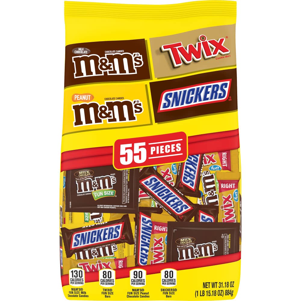 SNICKERS, M&M'S & TWIX Fun Size Chocolate Candy Variety Mix - 55 Piece Bag (31.18 oz) - Perfect for Halloween, Parties, Office Treats & Gift Baskets