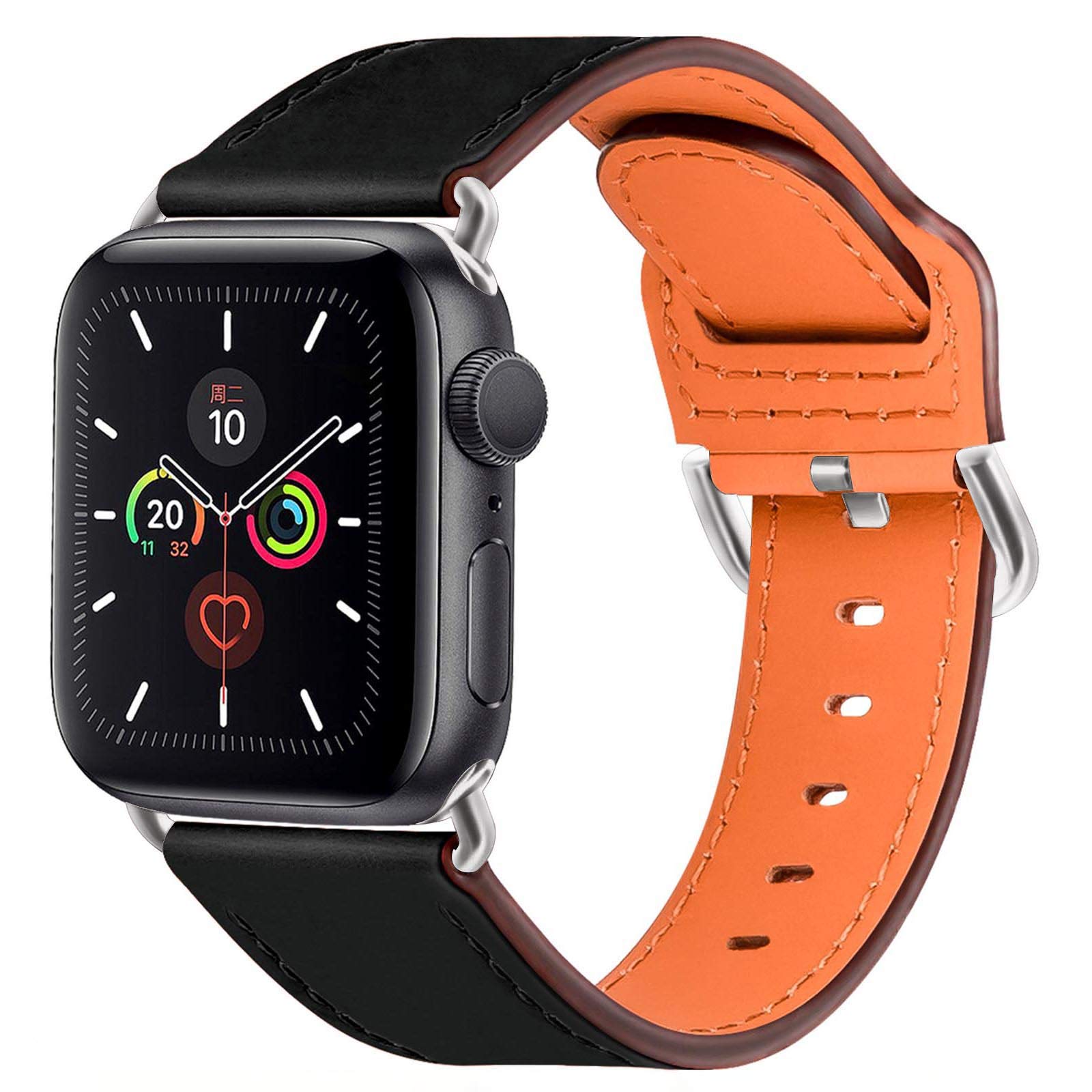 Premium Genuine Leather Apple Watch Band - Compatible with 38mm/40mm/42mm/44mm Apple Watch Series SE/6/5/4/3/2/1 - Stylish Smartwatch Strap for Men & Women (Black/Silver, 42mm/44mm) - Perfect for Work, Gym & Everyday Wear