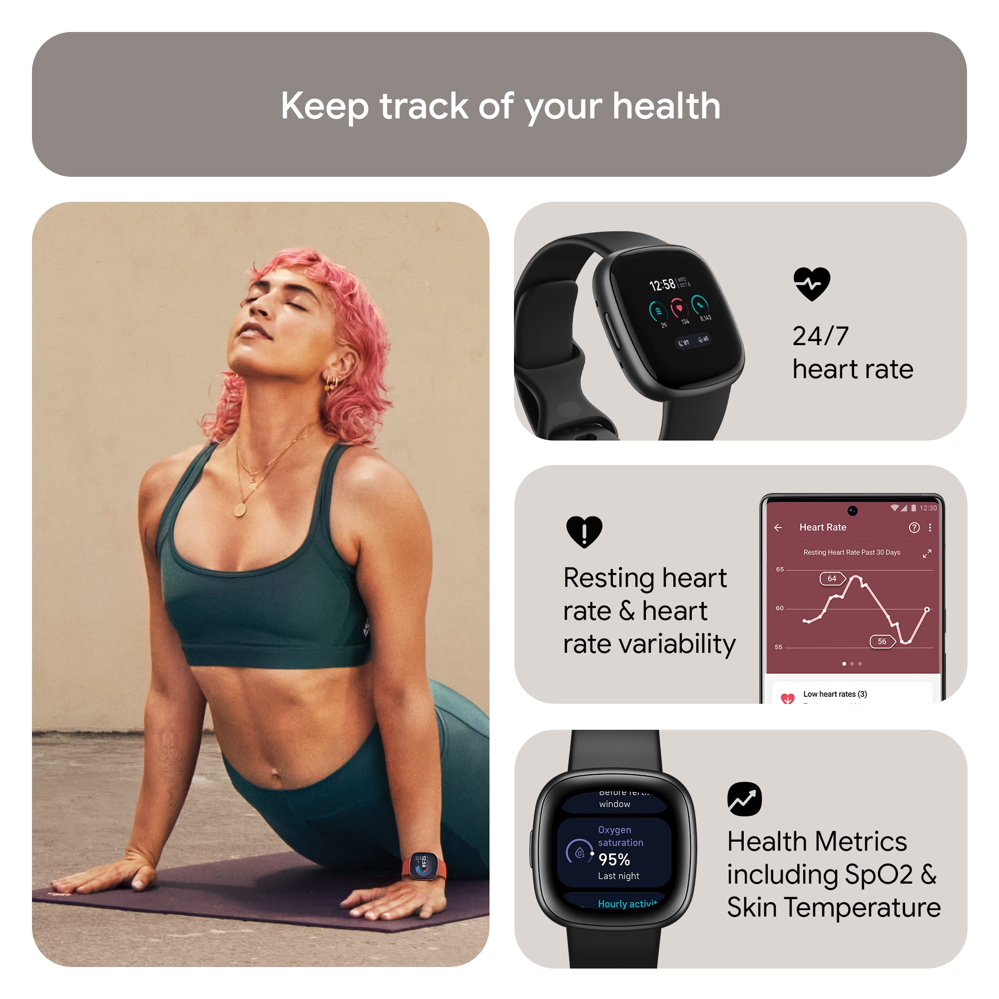 Fitbit Versa 4 Smart Watch - GPS Fitness Tracker with Heart Rate Monitor, Sleep Tracking & 40+ Exercise Modes | Waterproof Activity Tracker for Running, Swimming & Workouts | Includes S & L Bands (Black/Graphite)
