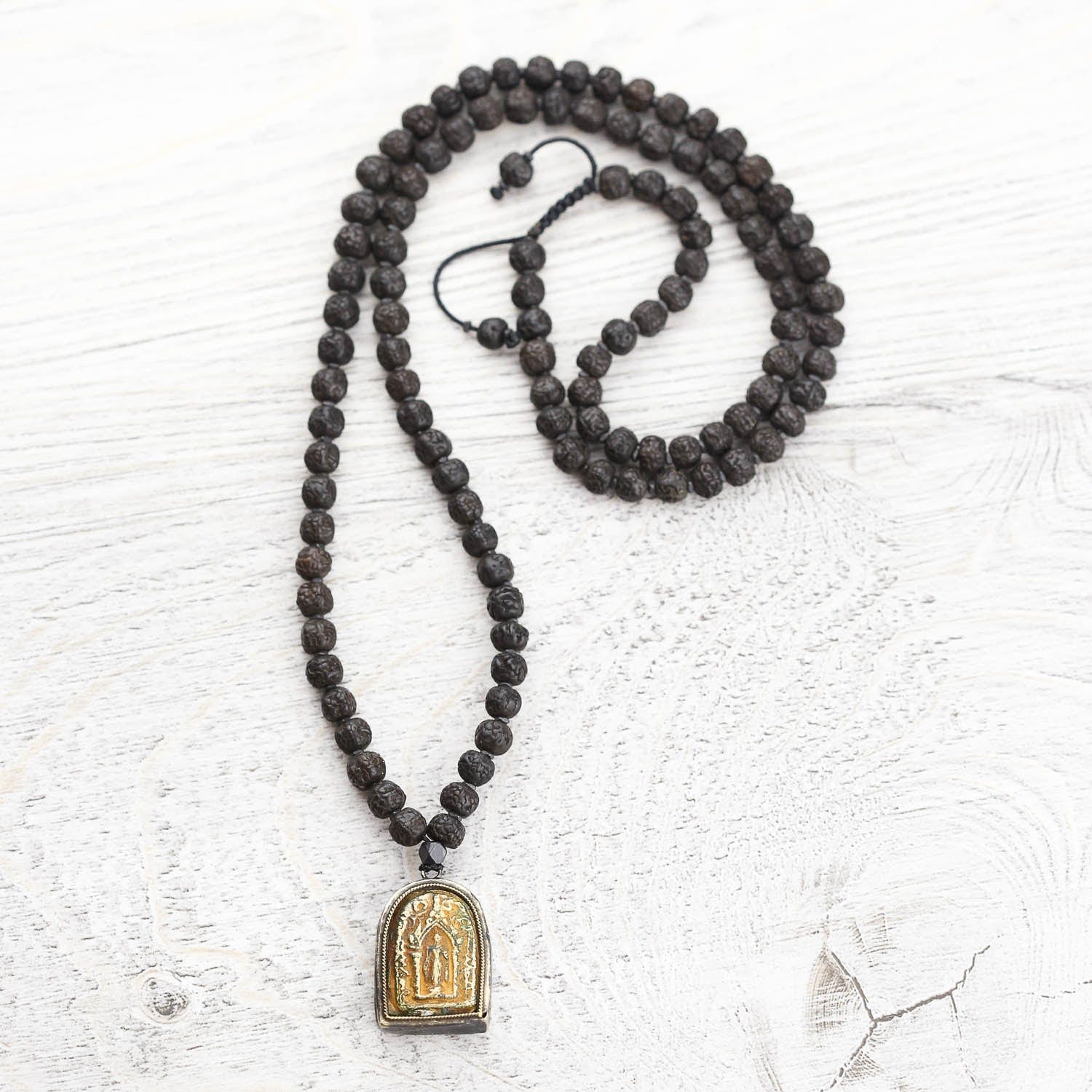 Authentic Aged Dark Rudraksha Mala & Vintage Thai Buddhist Amulet - Spiritual Protection, Meditation & Good Luck Charm for Yoga, Prayer & Home Blessing