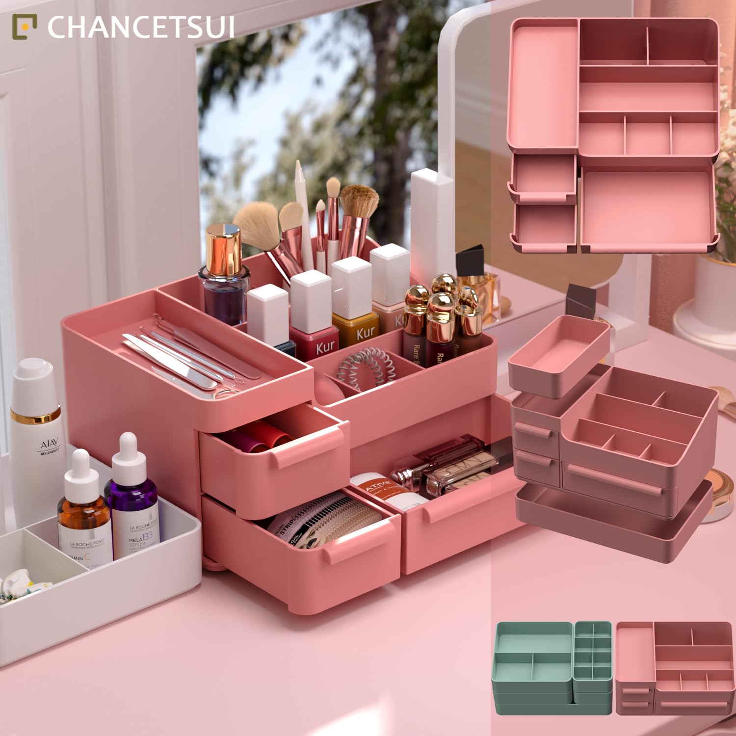 Pink Vanity Makeup Organizer with Drawers - Compact Rectangular Beauty Storage for Brushes, Eyeshadow Palettes & Cosmetics | Perfect for Bedroom Vanity & Bathroom Countertop Organization
