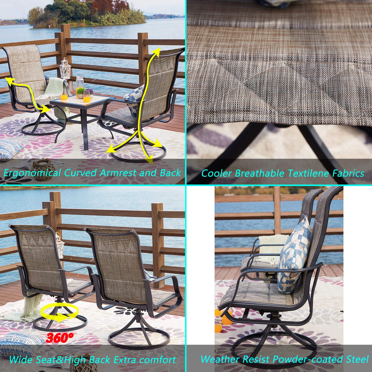 360° Swivel Outdoor Patio Dining Set - 3-Piece Bistro Chairs with Armrests & Square Metal Coffee Table - Steel Frame Rocking Furniture for Deck, Garden, Poolside - Perfect for Relaxing, Entertaining & Outdoor Gatherings (Gray)