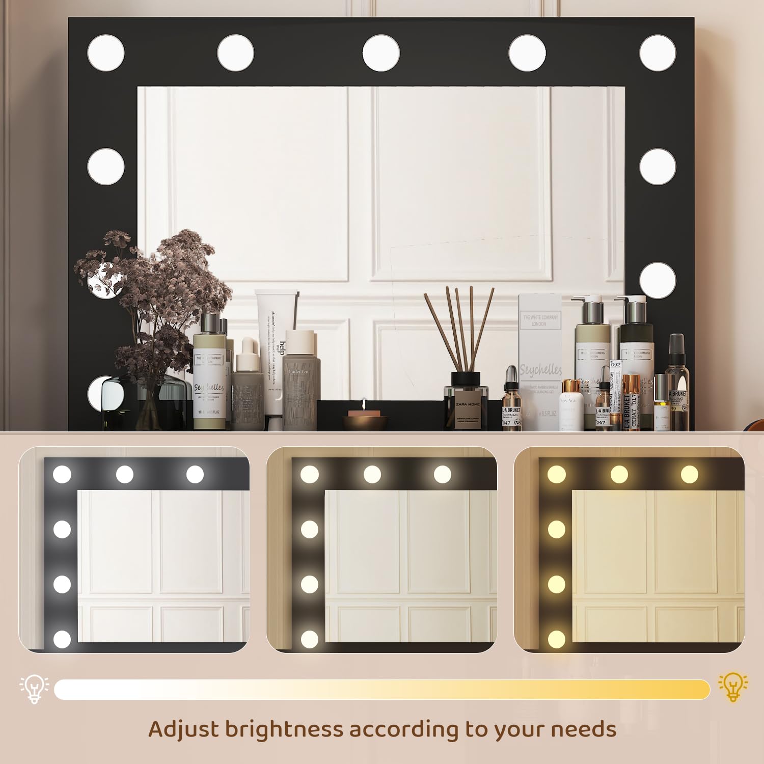Elegant Vanity Desk with Mirror, Large Storage Drawer & Built-in Power Outlet - 11 LED Bulbs & 3 Adjustable Lighting Modes, Perfect Makeup Dressing Table for Bedroom, Home Decor (Black) | Ideal for Makeup Application, Skincare Routine & Home Styling