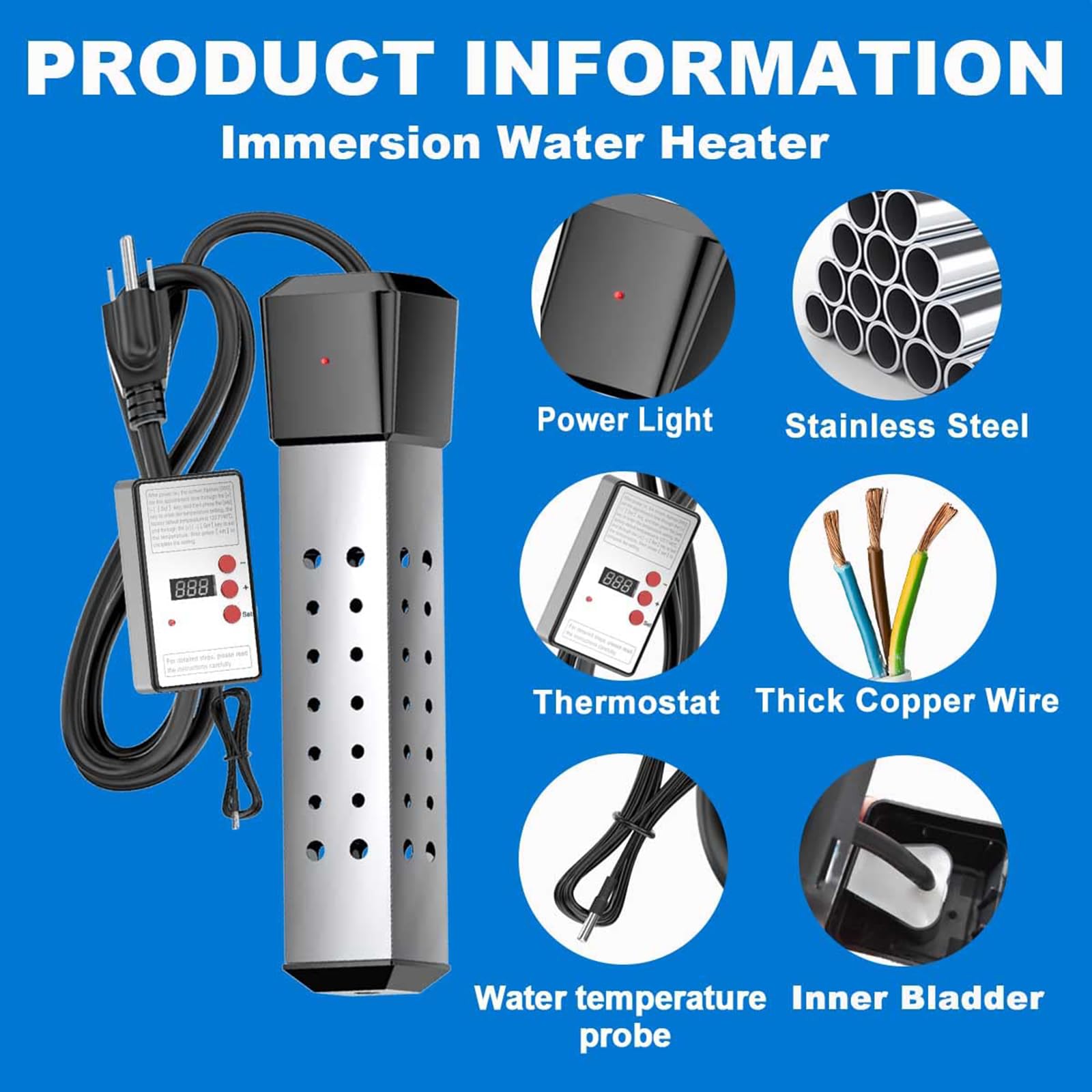 2000W Portable Immersion Water Heater with Digital Thermostat - Stainless Steel Submersible Bucket Heater for Mini Pools, Bathtubs, Travel & Camping | Fast Heating for Home, Hotel, RV & Outdoor Use