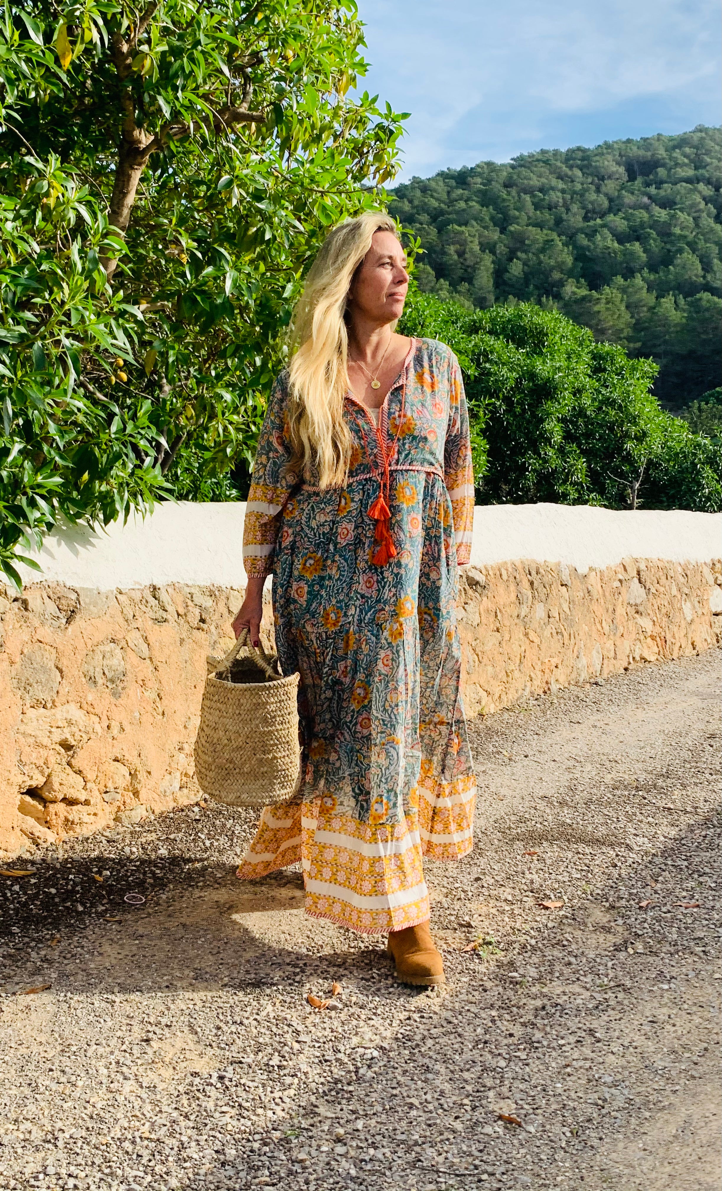 Boho Floral Maxi Dress with Orange Tassels - Women's Summer Bohemian Flowy Dress for Beach, Festival & Vacation