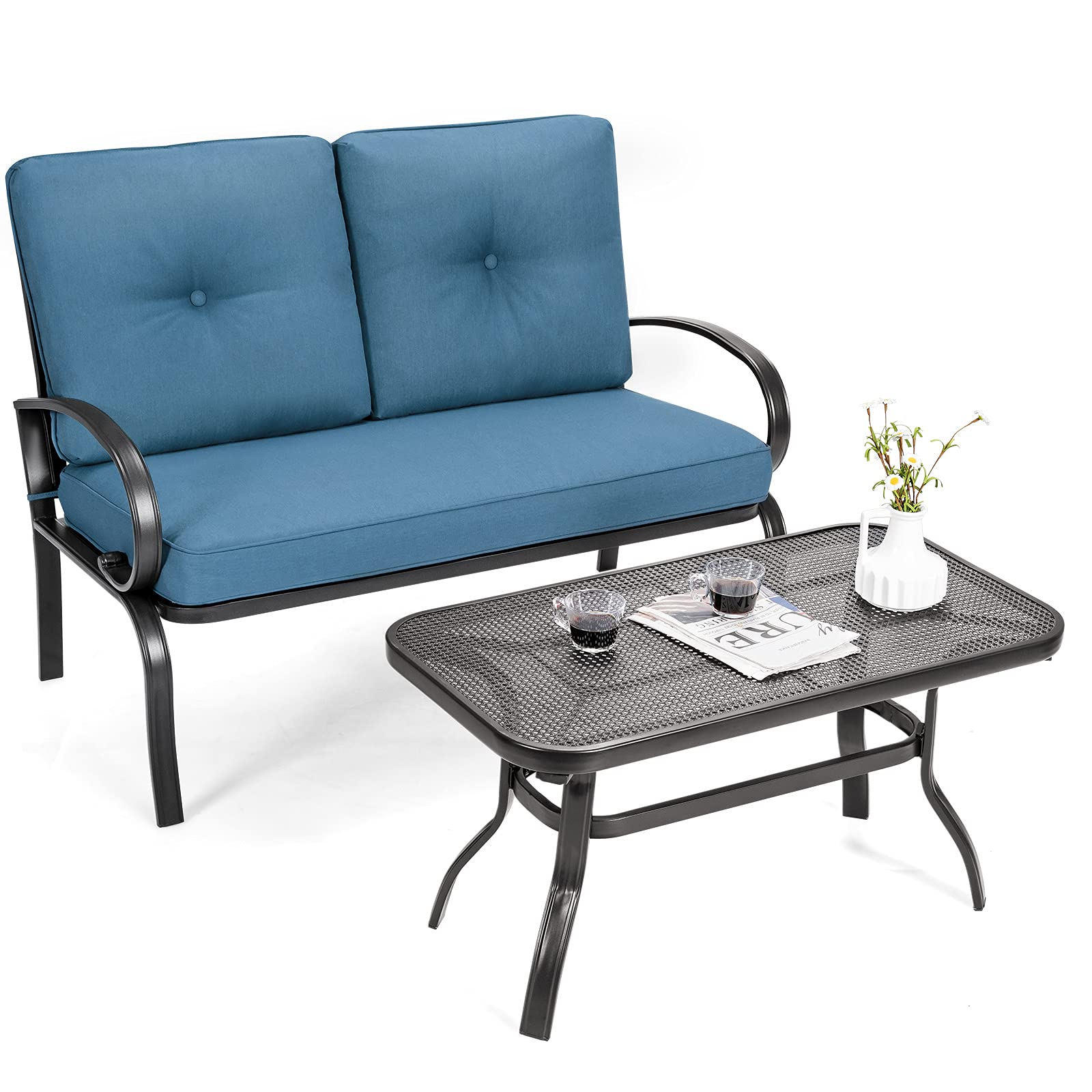 Giantex Outdoor Loveseat with Coffee Table - Patio Bench with Cushion & Sturdy Metal Frame - Navy & Black Garden Sofa Set for Porch, Yard, Poolside - Perfect for Relaxing, Entertaining & Outdoor Lounging