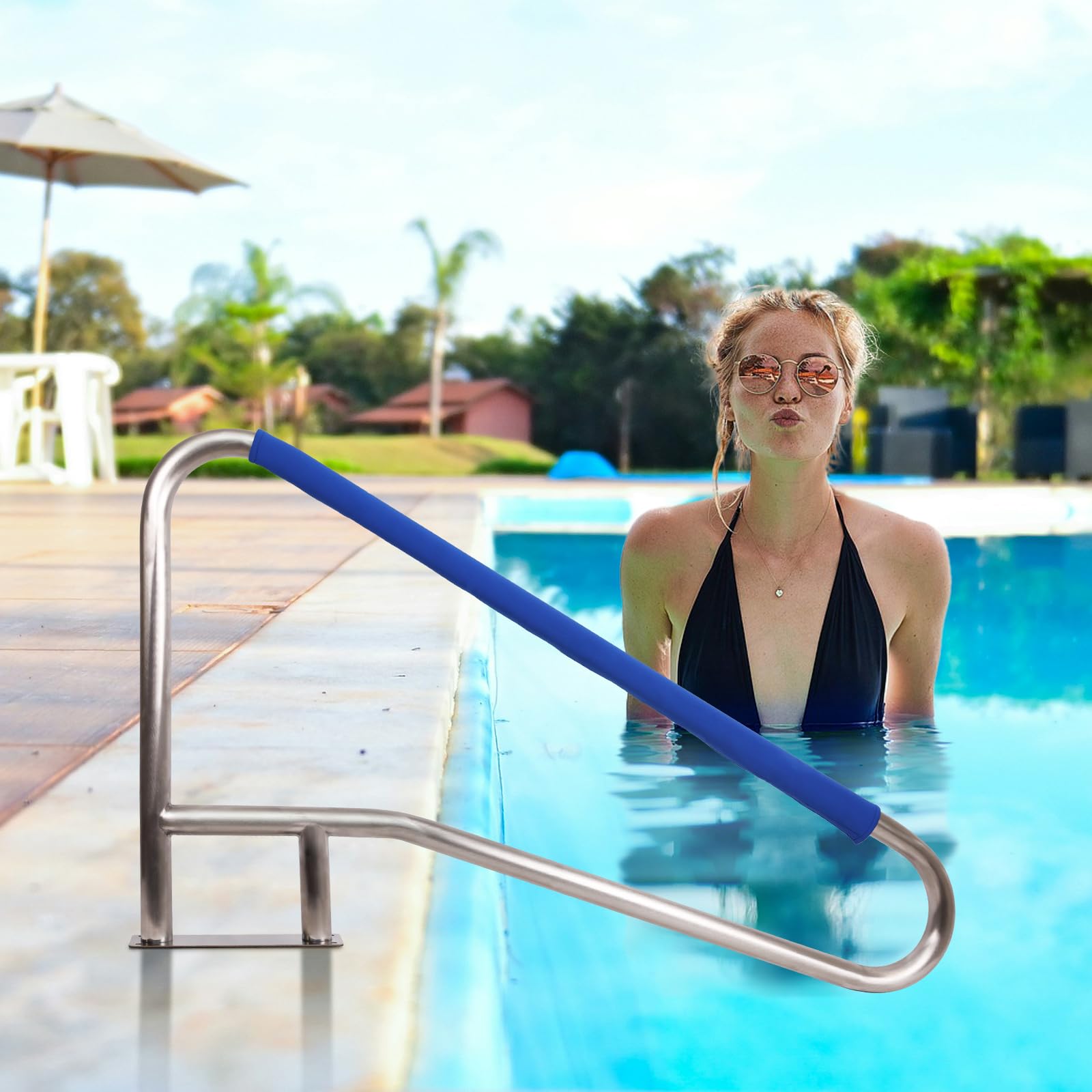 54 x 36 Inch 304 Stainless Steel Swimming Pool Handrail - Rustproof Inground Pool Stair Rail with Blue Non-Slip Grip Cover - Perfect for Pool Safety and Easy Entry/Exit