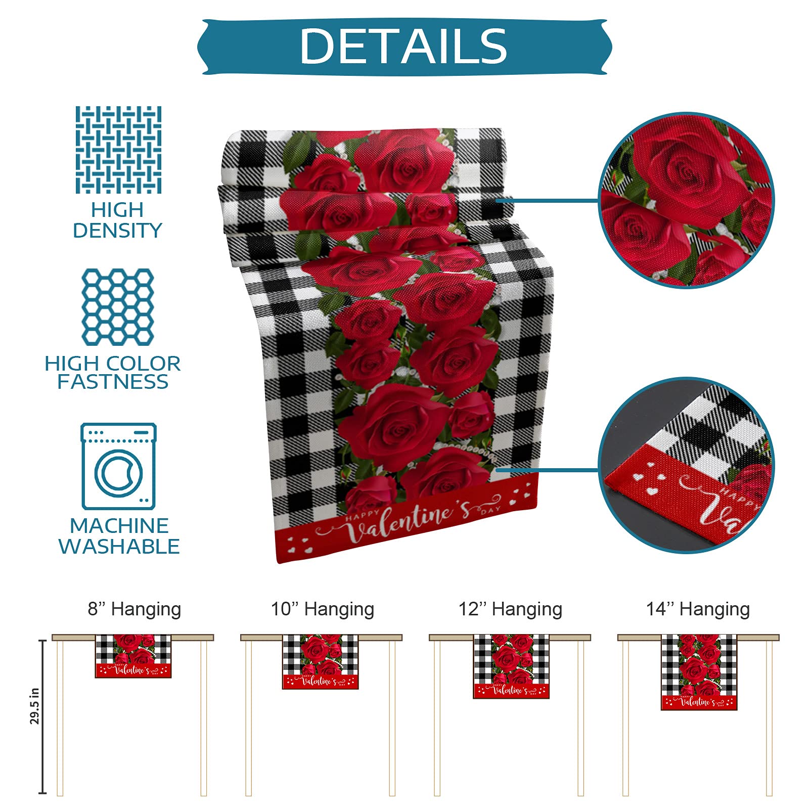 Valentine's Day Table Runner 18x72 Inch - Rose Buffalo Plaid Cotton Tablecloth for Wedding, Party & Home Decor - Coffee & Dining Table Scarf - Romantic Home Decoration for Valentine's, Anniversary & Special Occasions