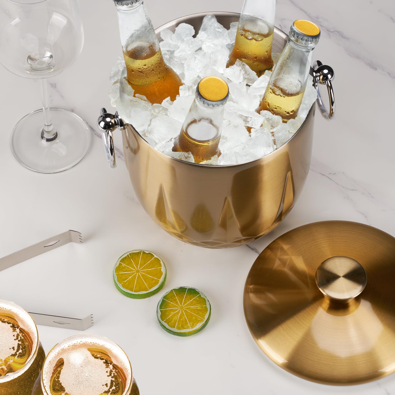 Premium 3L Double Wall Stainless Steel Ice Bucket with Lid - Insulated Ice Bucket Keeps Ice Frozen Longer - Includes Stainless Steel Tong & Strainer - Perfect for Parties, Cocktails, Wine, Champagne, Bars & Home Entertaining - Elegant Gold Finish for Weddings & Special Events