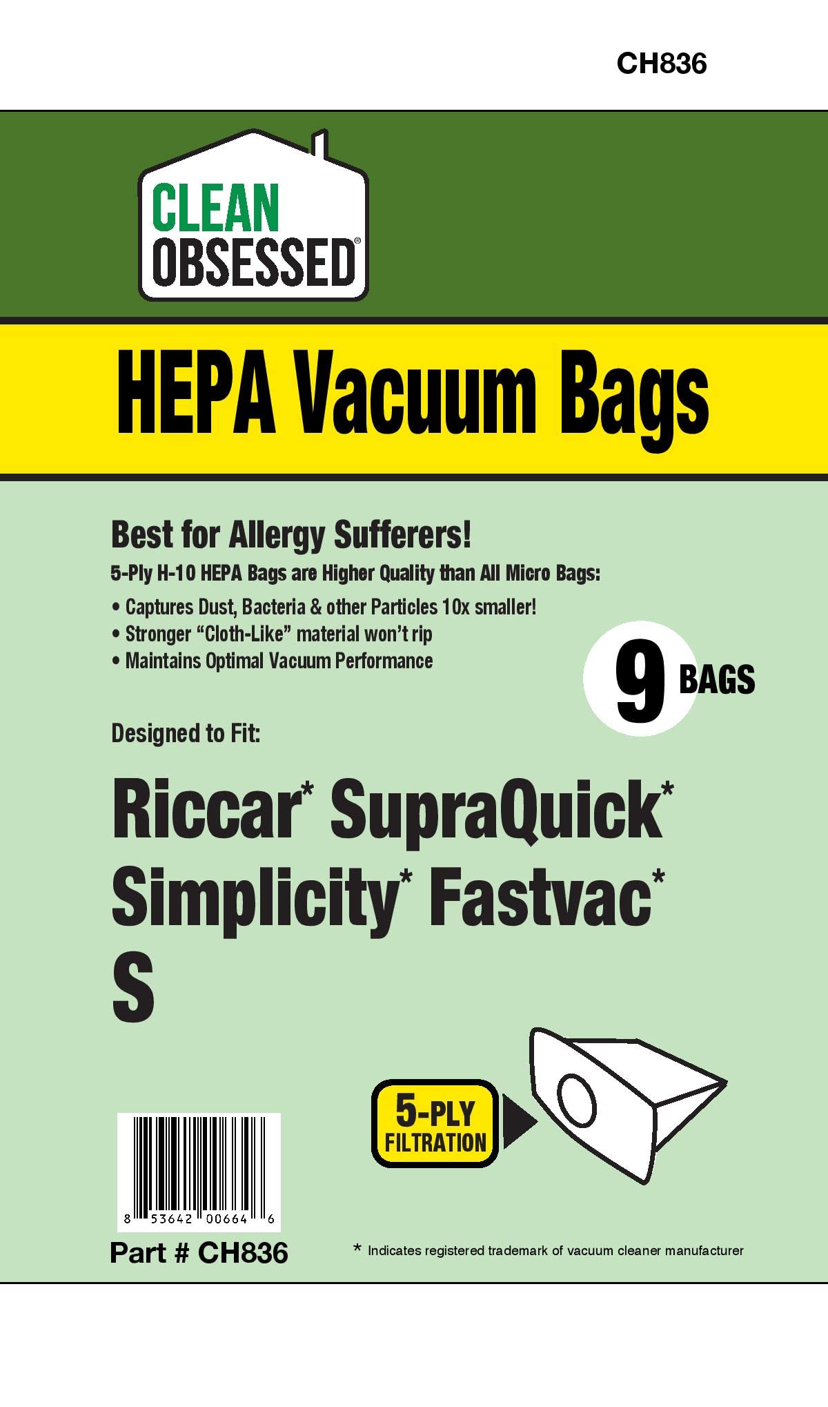 Clean Obsessed H-10 HEPA Vacuum Bags - 9 Pack Replacement for Riccar Supraquik & Simplicity Fastvac Type S - High Efficiency Dust & Allergen Filtration for Pet Hair, Pollen & Household Cleaning