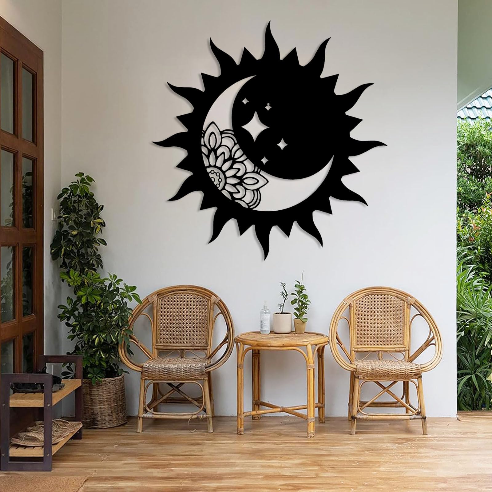 LARNT Sun and Moon Wall Decor - Boho Metal Mandala Art Hanging for Indoor & Outdoor (Silver, 28