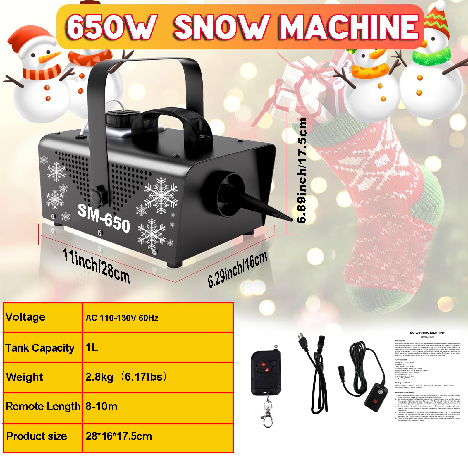 IMONE 650W Snow Machine with Remote - Indoor/Outdoor Artificial Snow Maker for Christmas, Parties, Parades & Events - Perfect for Winter Wonderland Decor & Photo Shoots