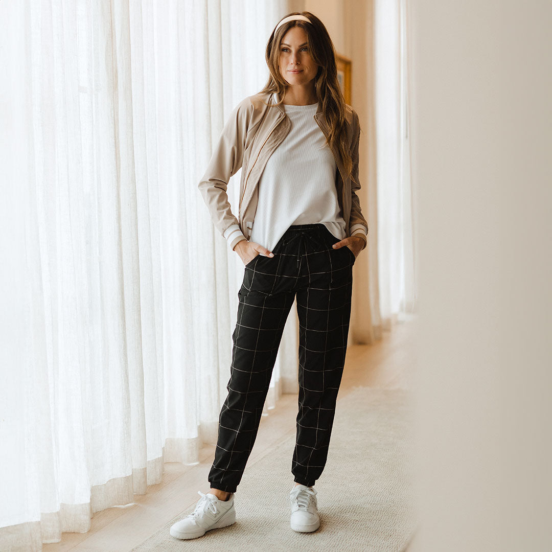 Everywhere Joggers for Men & Women - Stylish Black Windowpane Pattern Comfortable Lounge Pants for Running, Yoga & Casual Wear