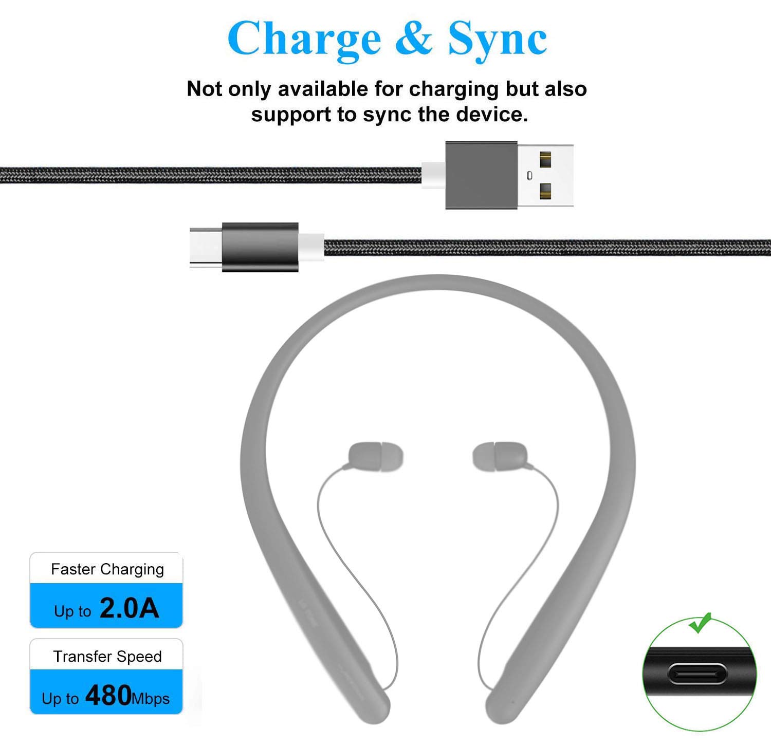 Akingdleo USB C Charging Cable for LG Tone Style HBS-SL5 HBS-SL6S HBS-XL7 Headphones - 5ft Fast Charging Cord for LG Wireless Stereo Headsets - Perfect for Home, Office & Travel Use (Black)
