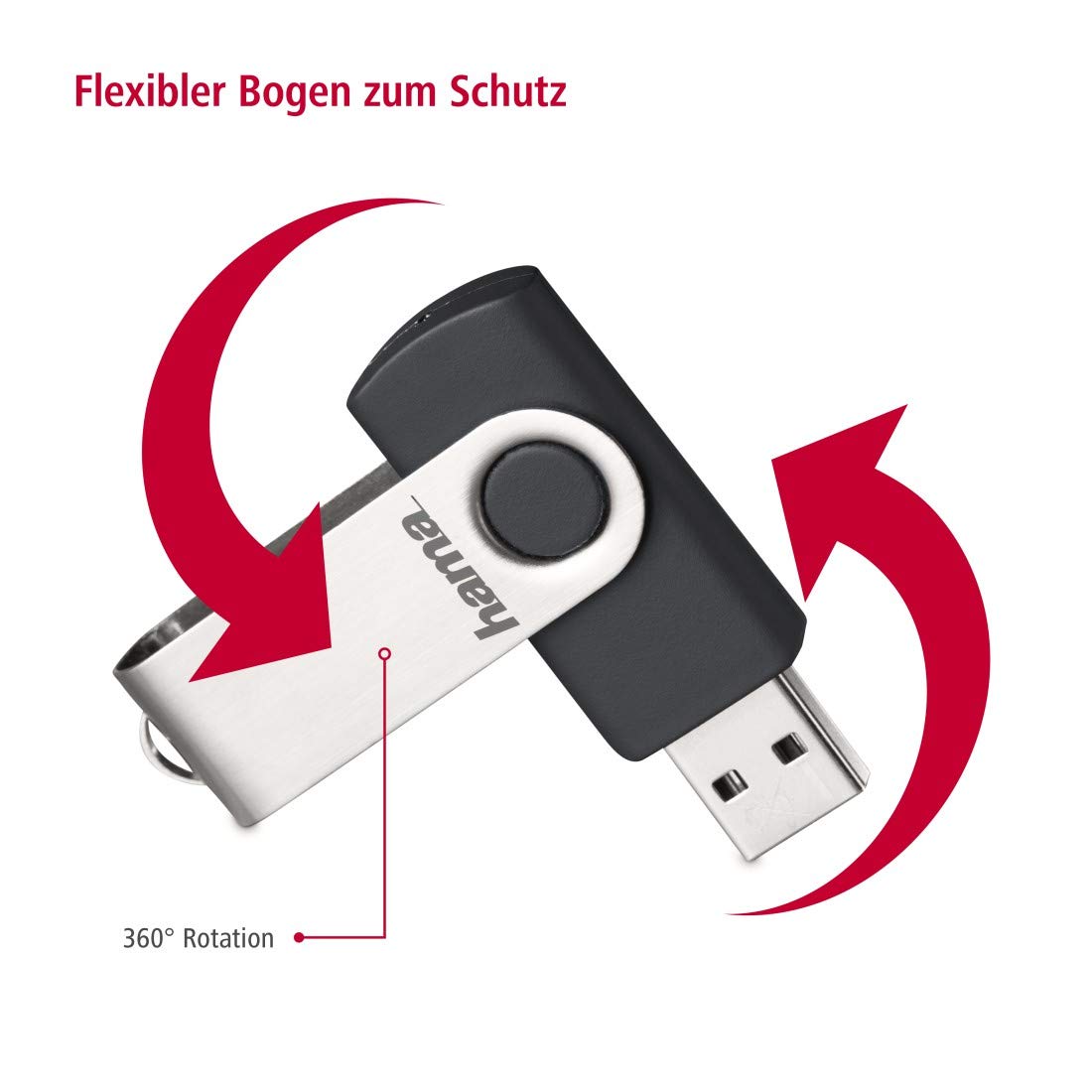 Hama Rotate FlashPen USB 2.0 128GB Memory Stick with 15MB/s Transfer Speed - Black & Silver | Portable USB Drive for Work, School, Data Backup & File Sharing