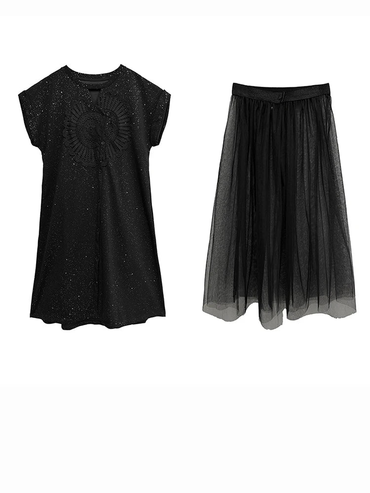 Black Sequin Mesh Dress 2-Piece Set Round Neck Short Sleeve Women's Fashion Outfit for Spring Summer 2025 | Perfect for Parties, Weddings & Night Out