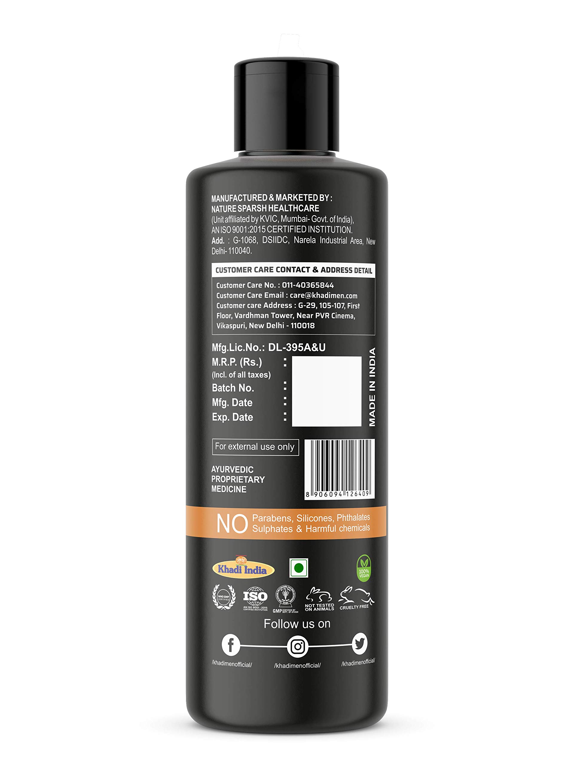 Khadi Men's Anti Hair Fall Shampoo with Gotu Kola, Rosemary & Basil | Reduces Hair Loss, Promotes Healthy Hair Growth & Shine | Dermatologist Tested Formula for Men - 200ml | Daily Use for Thicker, Stronger Hair at Home or Gym