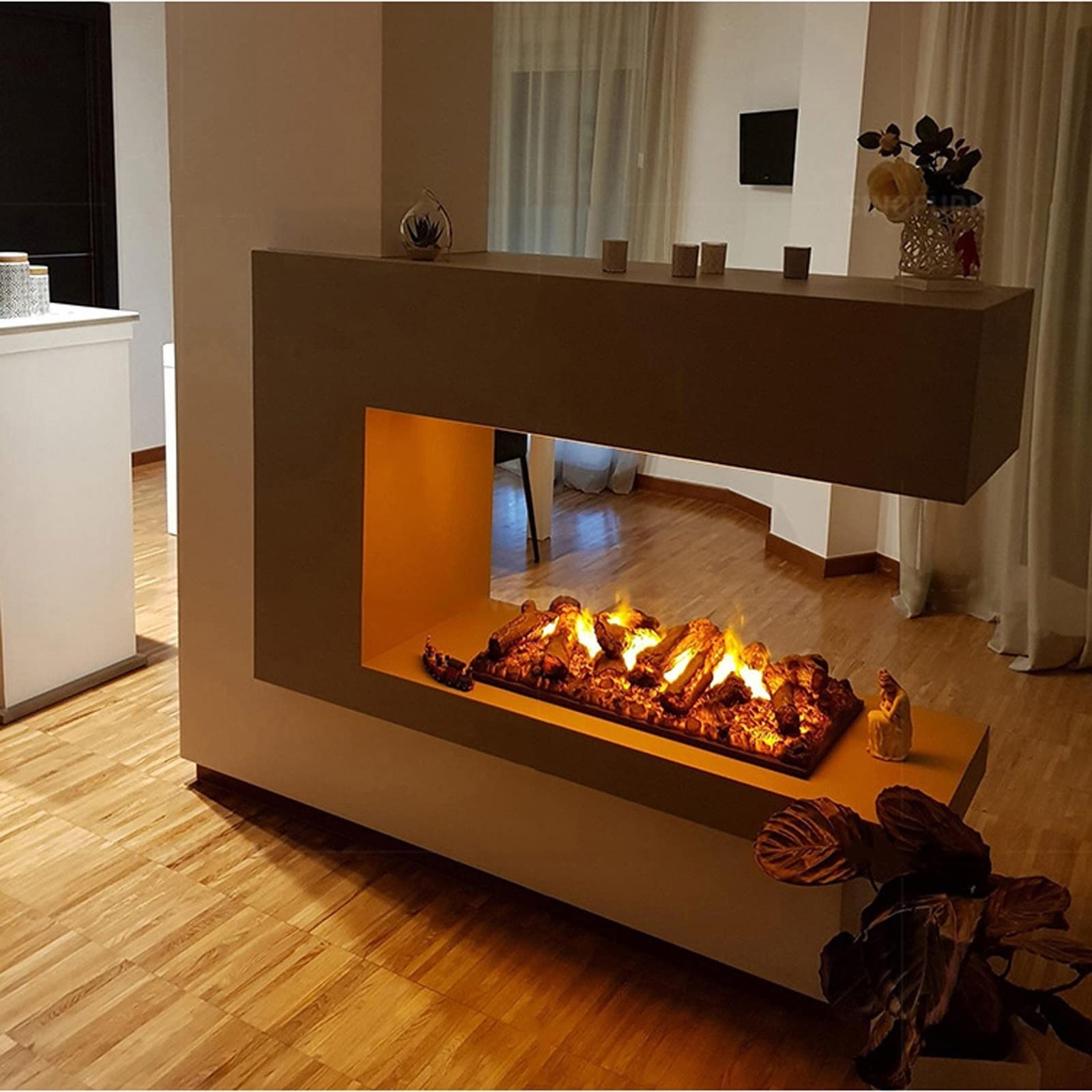 Energy Efficient Electric Fireplace Insert with Realistic Flame & Water Vapor - Recessed Wall Mount Fireplace with Simulated Log/Charcoal Decoration - Perfect for Living Rooms, Bedrooms, and Home Offices (White)