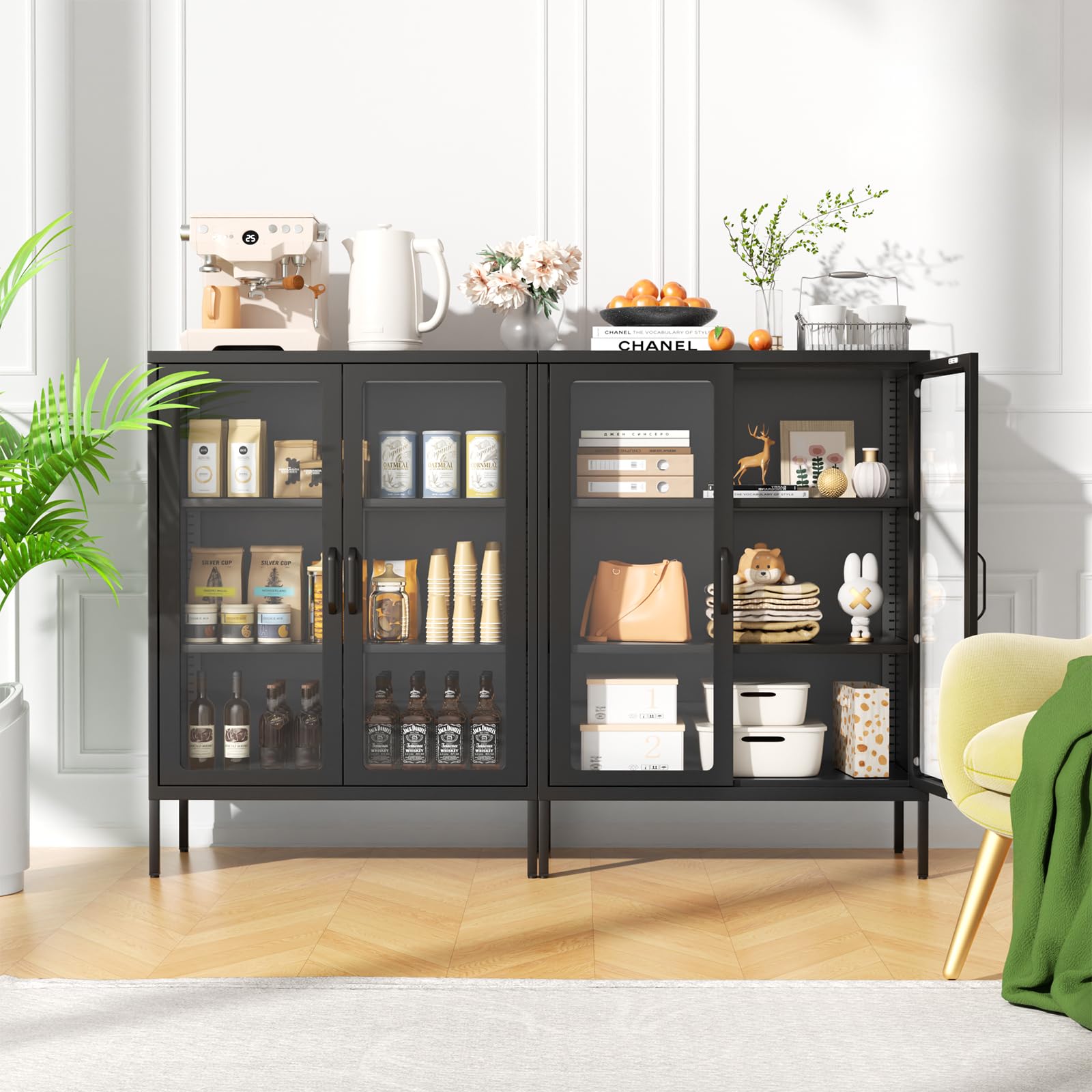 Betterland Black Metal Storage Cabinet with 2 Glass Doors & 2 Shelves - Lockable Curio Display Cabinet for Home, Pantry, Kitchen | Perfect for Showcasing Collectibles, Storing Spices & Organizing Kitchen Supplies