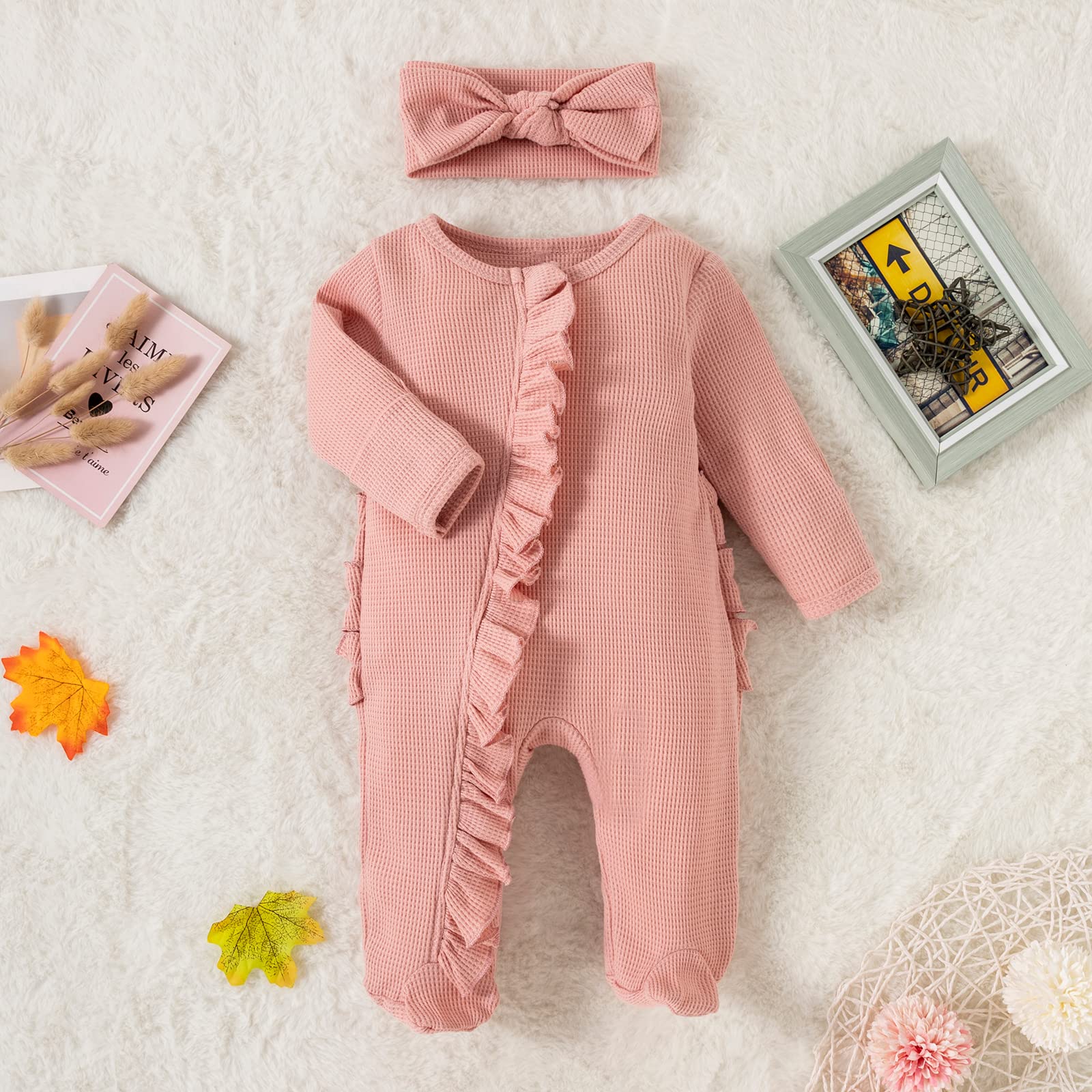 Newborn Baby Girl Long Sleeve Ribbed Onesie - Soft Knitted Romper & Headband Outfit Set - Perfect for Photoshoots, Family Gatherings & Everyday Wear