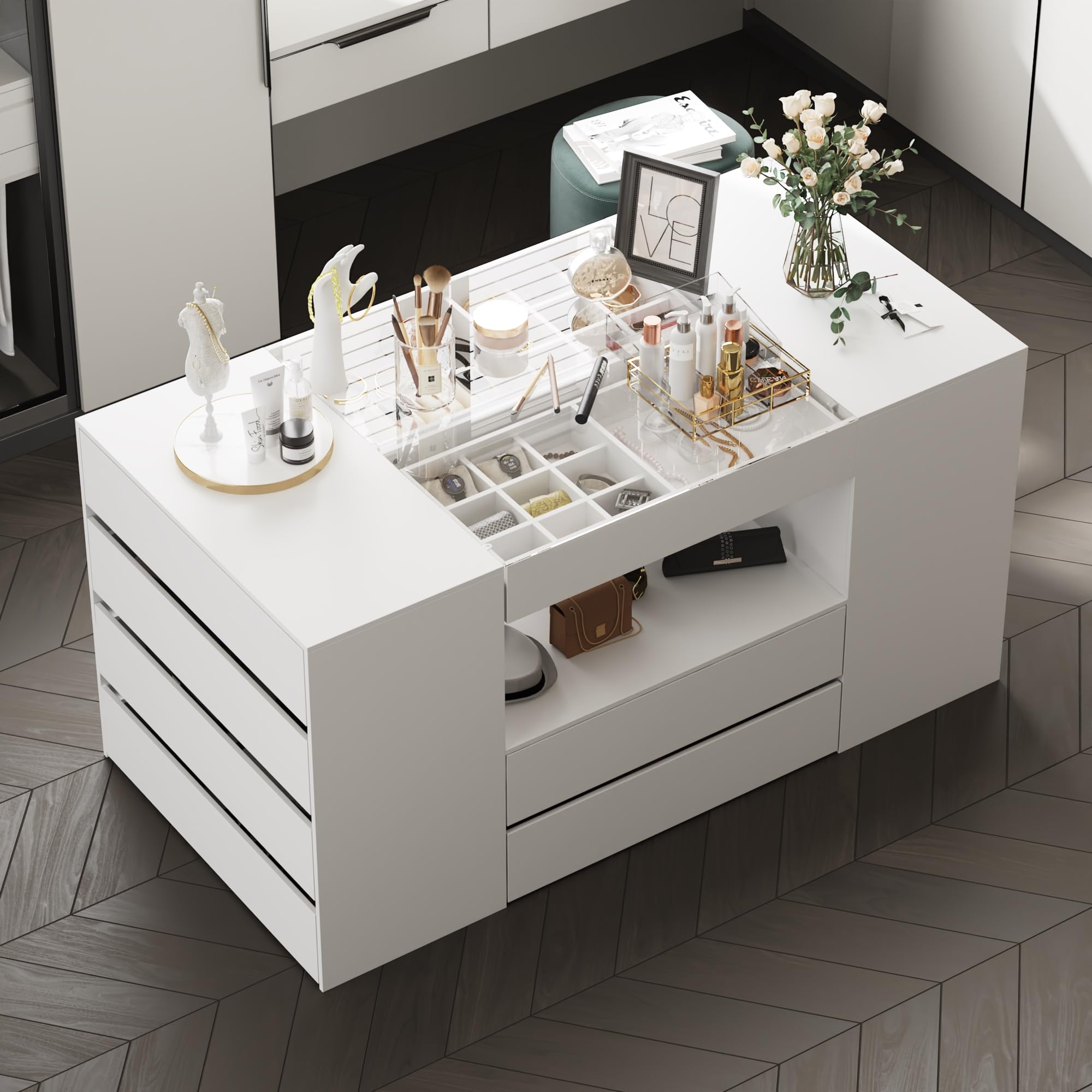 Homsee White Armoire Bedroom Island with Glass Tabletop & Display Shelf - 14-Drawer Wardrobe Closet, Walk-in Closet Dresser for Bedroom Organization | Perfect for Master Bedrooms, Guest Rooms & Boutique Shops