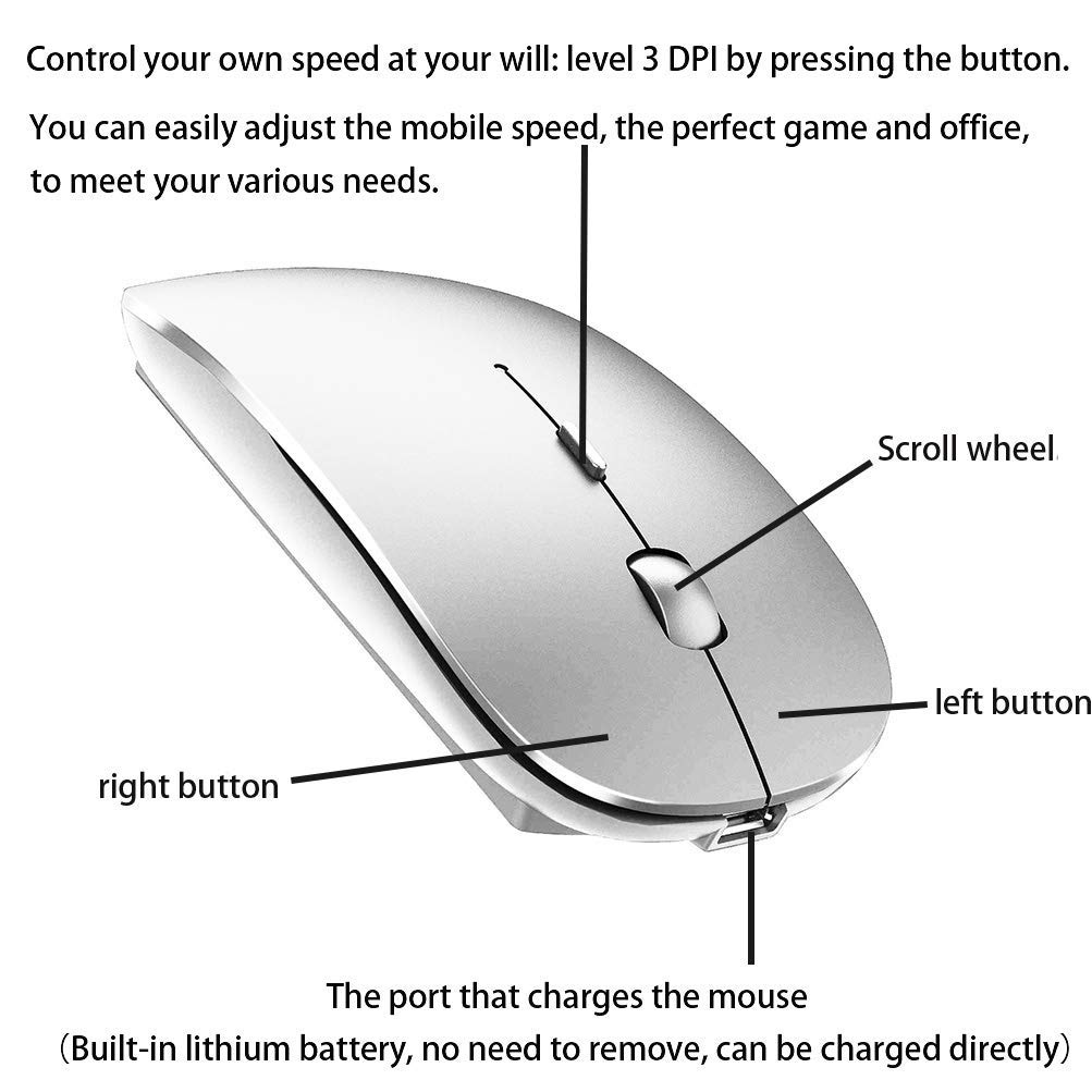 Wireless Bluetooth Mouse for Laptop, MacBook, iPad, PC - Compatible with MacBook Air/Pro, Windows, Chromebook (Silver) - Perfect for Office, Travel & Home Use
