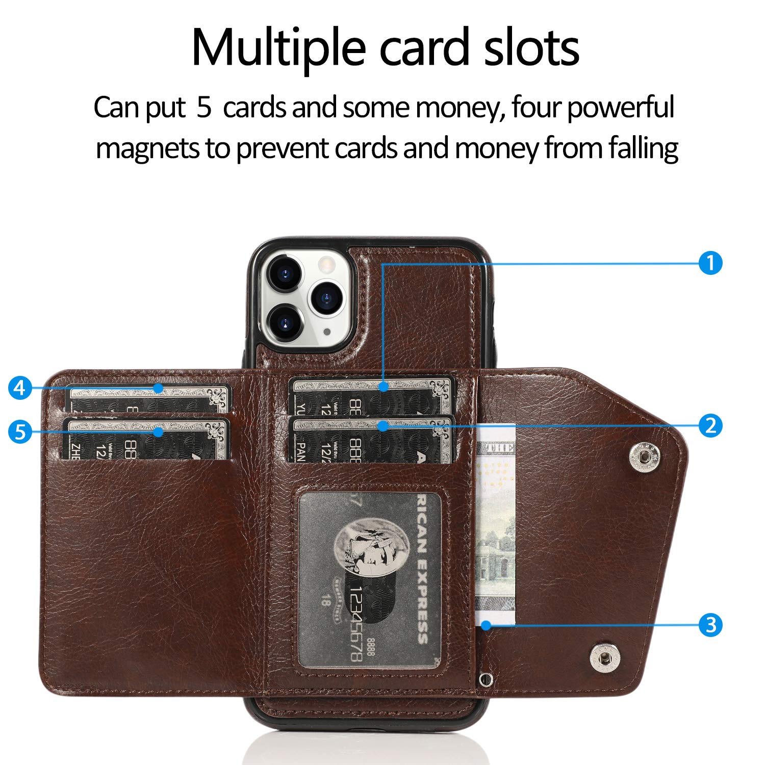 Premium PU Leather Wallet Case for iPhone 11 Pro Max - Card Holder with Neck Strap, Crossbody Chain & Wrist Strap | Protective Cover with Credit Card Slots (Brown) | Perfect for Travel, Shopping & Everyday Use