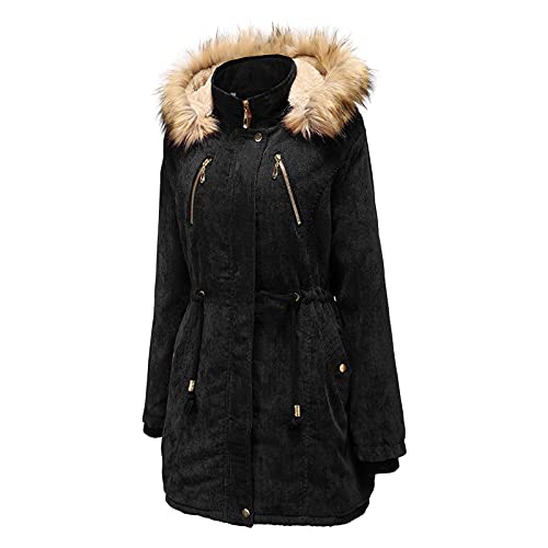 Women's Mid-Length Hooded Winter Coat - Solid Color Fleece-Lined Warm Padded Jacket with Fur Collar | Cold Weather Outerwear for Snowy Days & Winter Activities