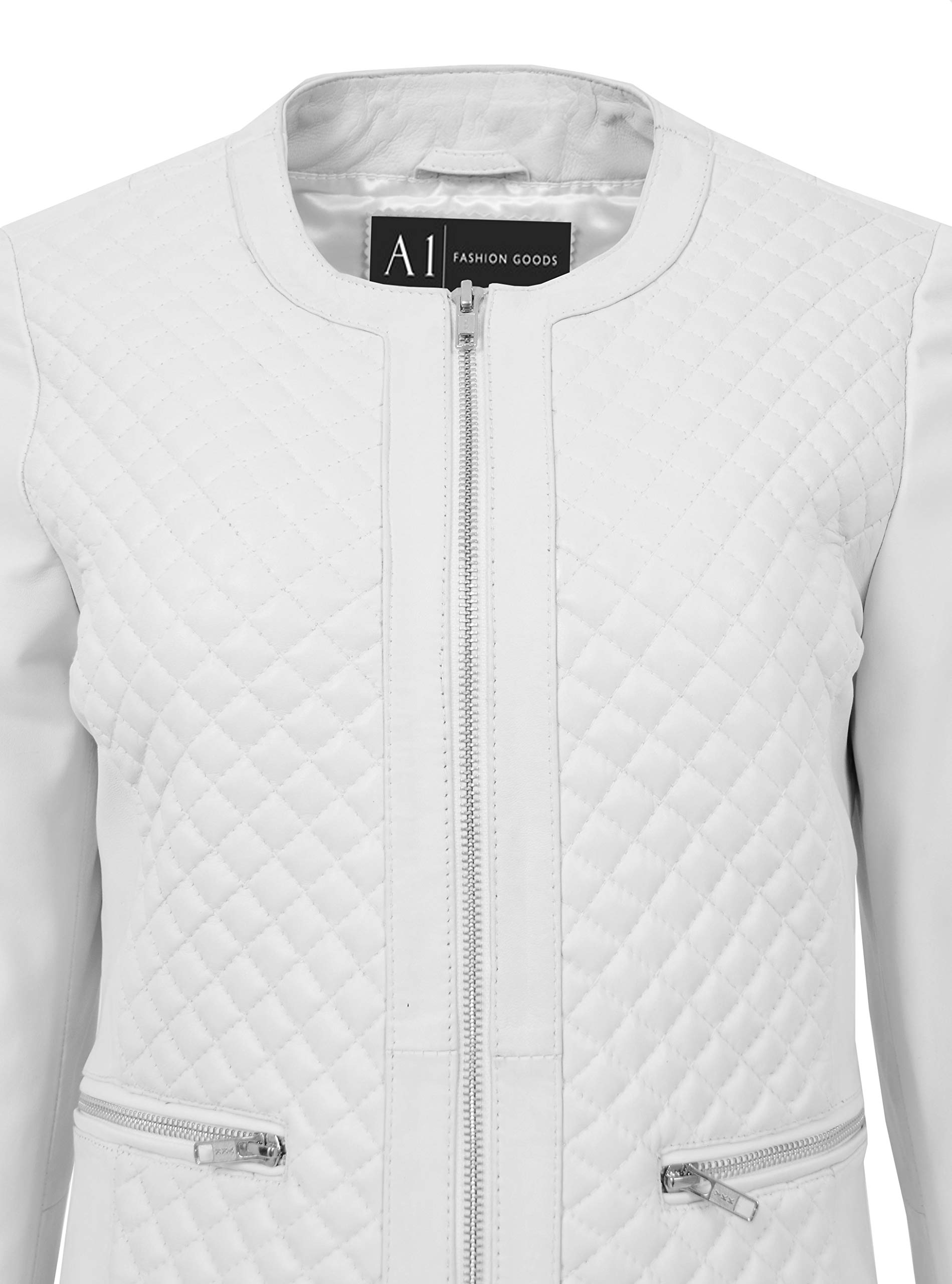 Women's Collarless Soft White Leather Biker Jacket - Fitted Quilted Stitch Design for Motorcycle Riding & Casual Outfits | Remi Brand