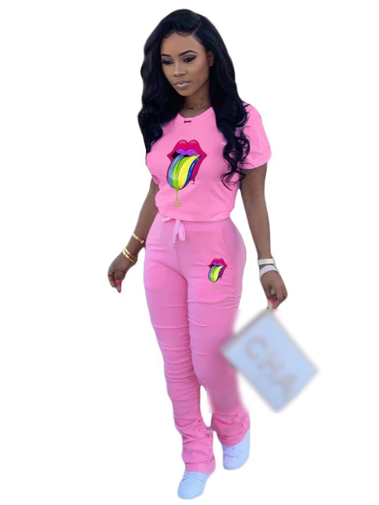 Lovevop Casual Printed T-Shirt with Stacked Long Pant Sets - Stylish Matching Outfit for Women | Perfect for Everyday Wear, Lounge & Street Fashion