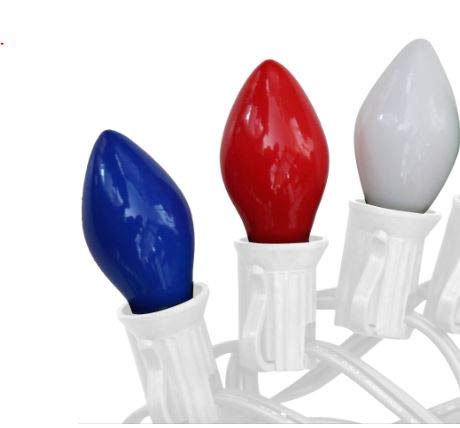 Patriotic String Lights - Old Fashioned Ceramic C7 Christmas Tree Lights - Red White and Blue LED Lights with White Wire - 25 Ft UL Listed Indoor/Outdoor Holiday Decor for Christmas, 4th of July, Memorial Day & Patriotic Events
