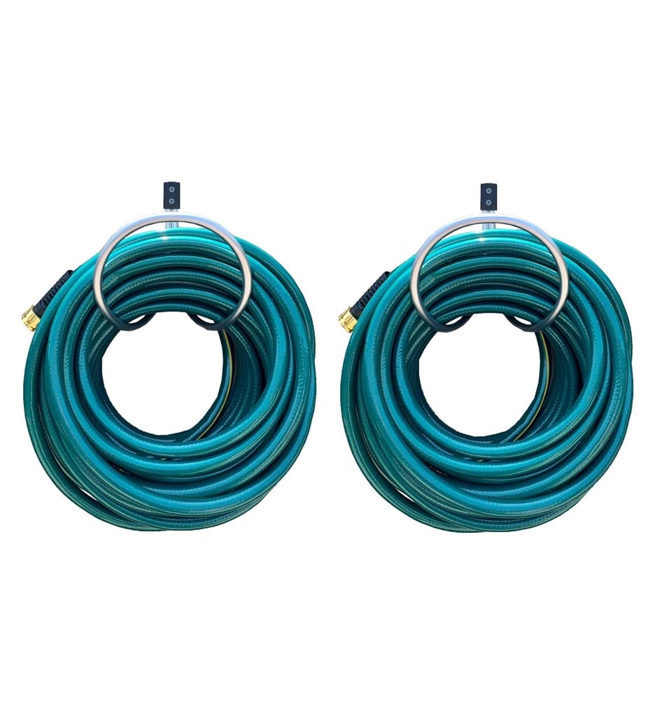 2-Pack Aluminum Hose Hanger Wall Mount for 3/4 Inch Hose - Holds 25-125 Feet Garden Hose - Durable Outdoor Hose Hook for Garage, Yard & Garden Organization