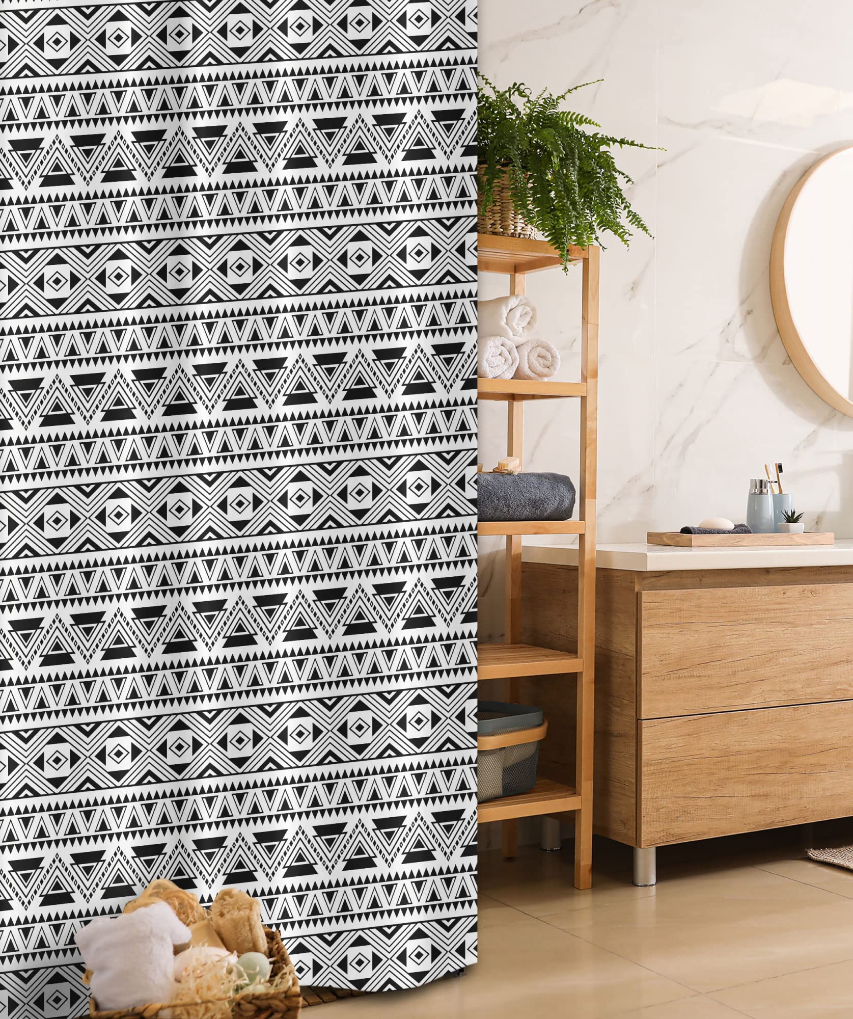 Lunarable Tribal Stall Shower Curtain - Black & White Bohemian Herringbone Pattern with Arrow Design, 36x72 Inch Fabric Bathroom Decor Set with Hooks | Waterproof Bathroom Accessories for Modern, Vintage or Boho Home Decor