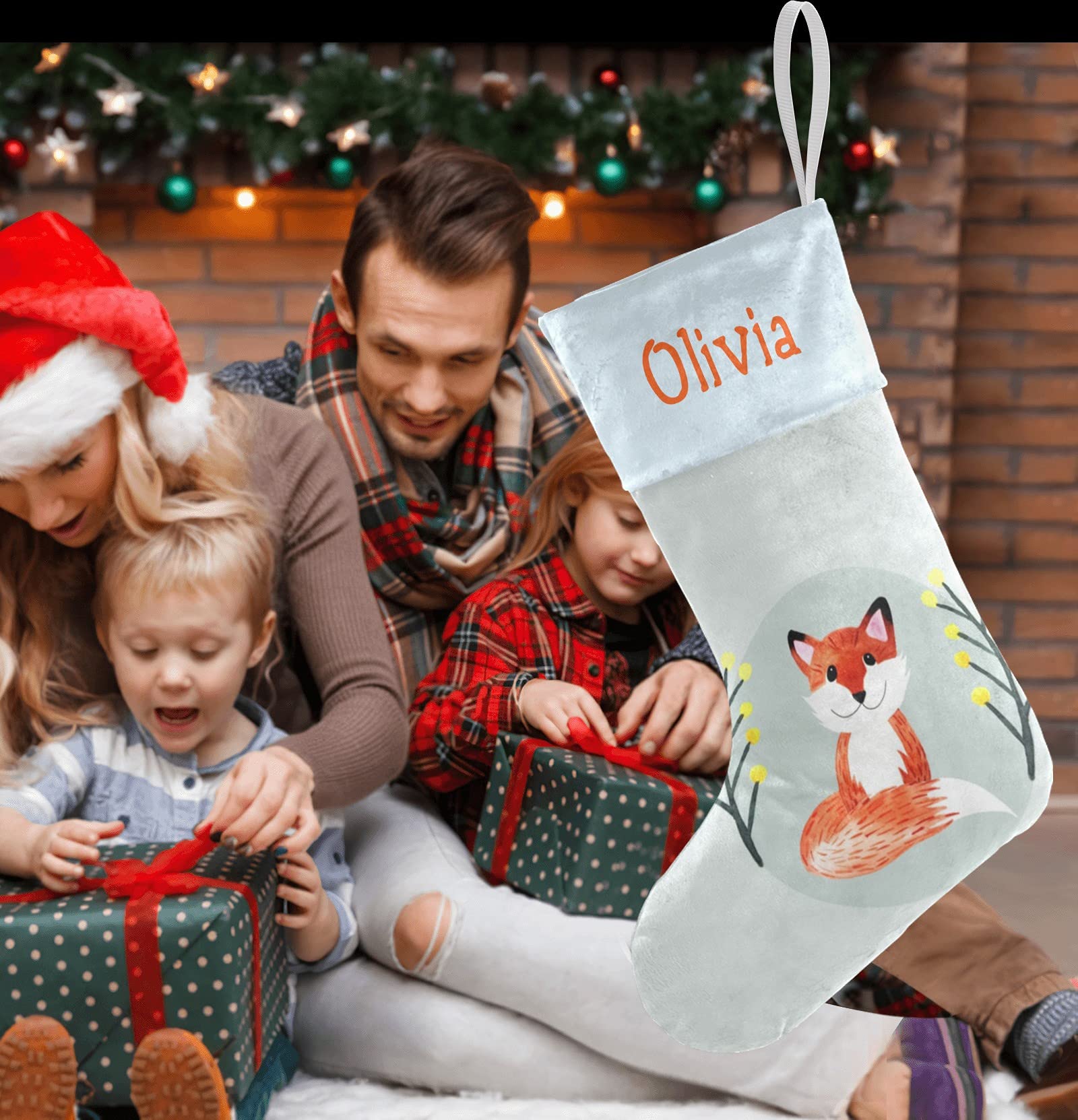 Personalized Fox Christmas Stockings for Kids & Pets - Custom Name Woodland Forest Xmas Gift 17.5x8 Inch - Holiday Decor for Fireplace, Nursery & Pet Lovers