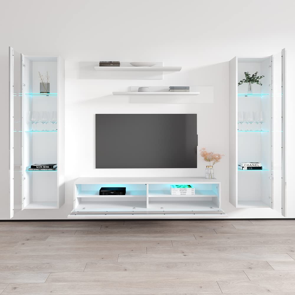 Modern Floating TV Stand with Storage & LED Lights - Wall-Mounted Entertainment Center for Bedroom & Living Room - White Meble Furniture Fly AB2 35TV Console with Shelves - Perfect for Small Spaces & Home Theater Setup