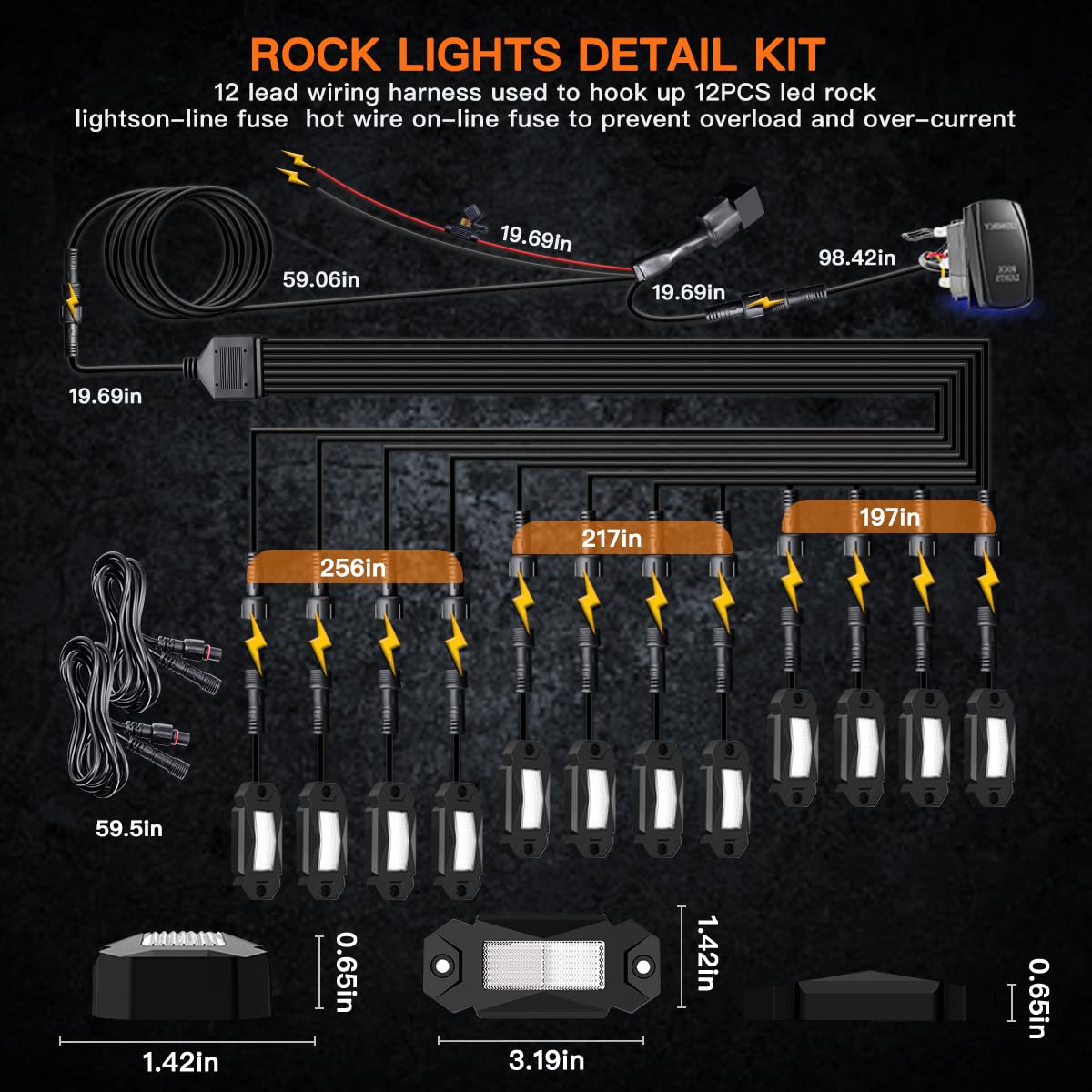 R2 Pure White Rock Lights Kit - 12PCS LED Offroad Underglow Lights with Roker Switch & Wire Harness for Truck, ATV, UTV, SUV | Waterproof High Power Trail Rig Lighting for Night Off-Roading & Custom Vehicle Styling